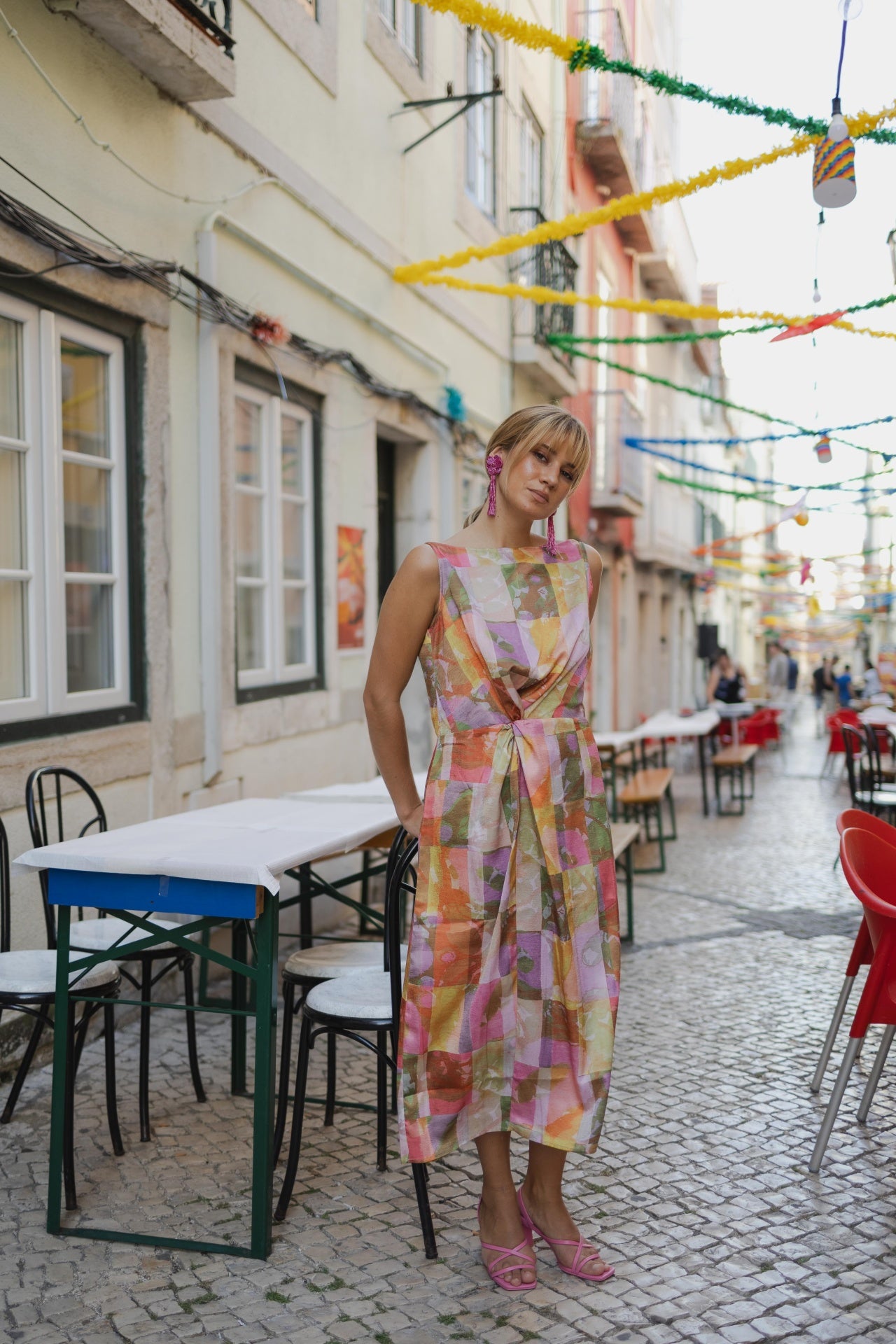 Vestido Drapeado Quadrados com Flores