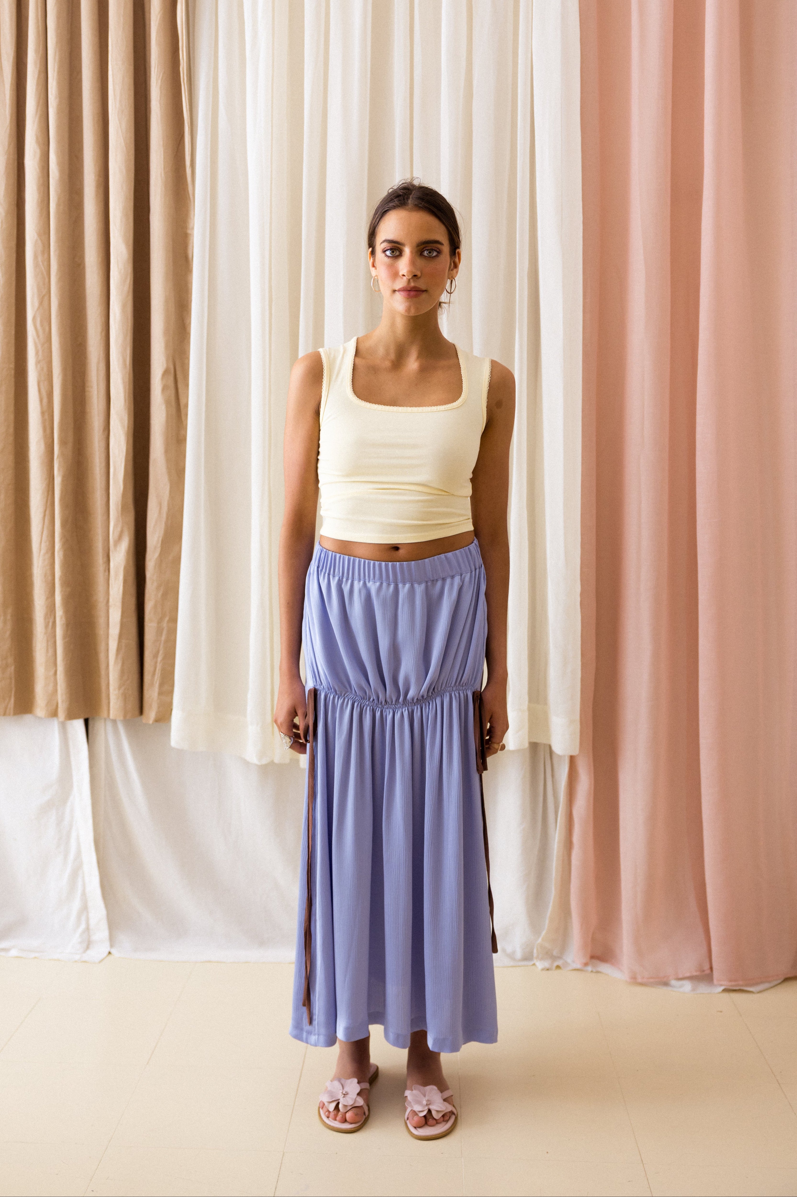 Saia Evasé Franzida Azul