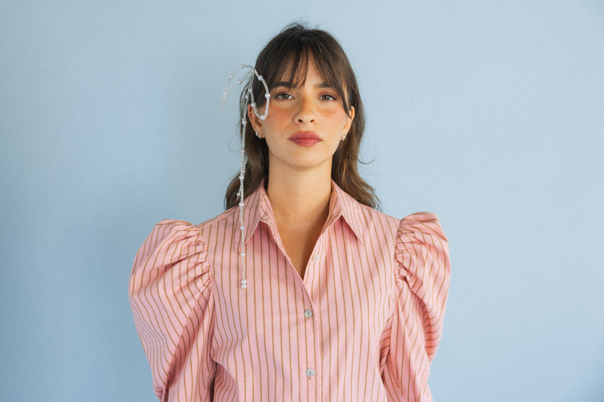 Camisa Mangas Balão Riscas Rosa