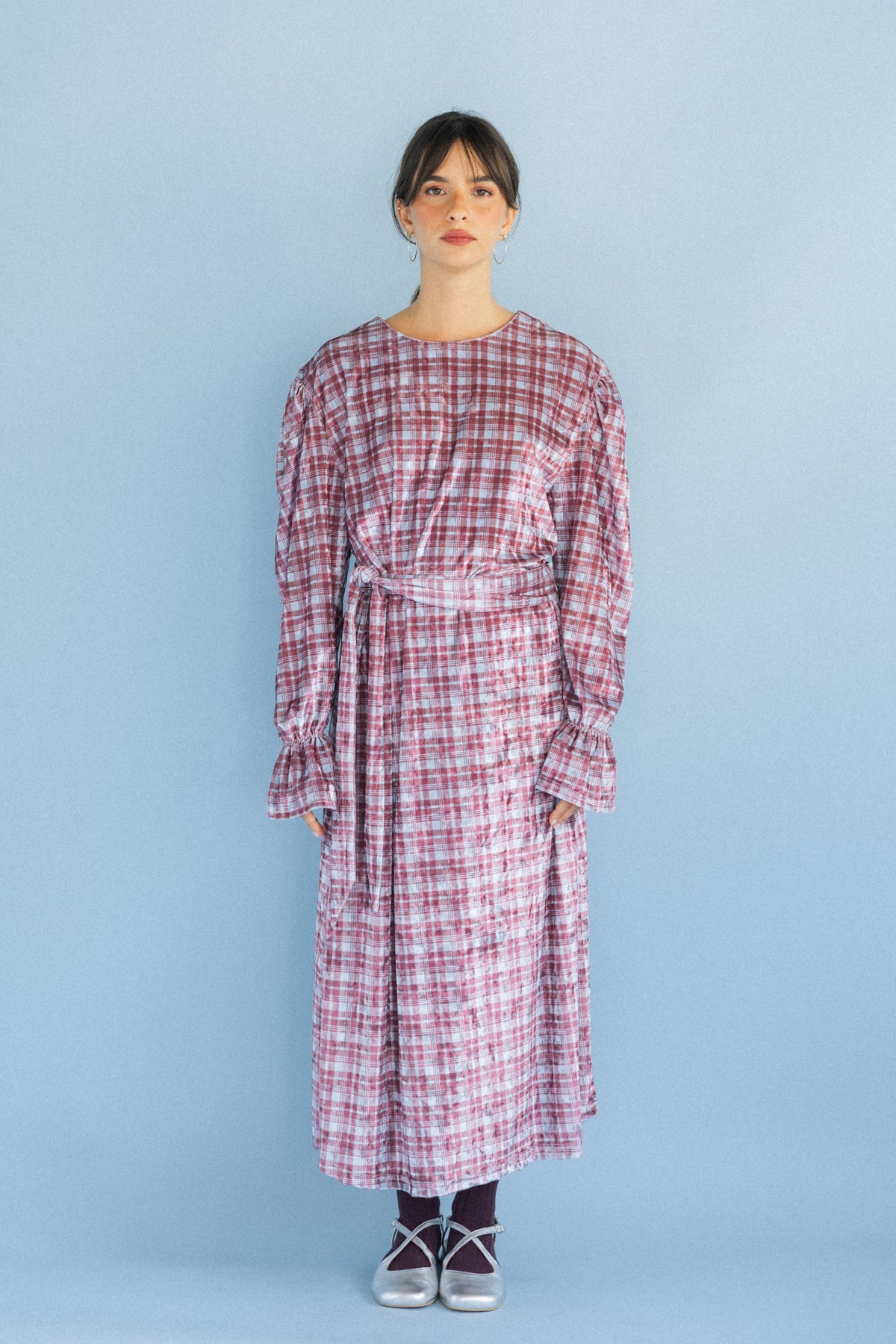 Vestido Midi com Cinto Veludo Xadrez