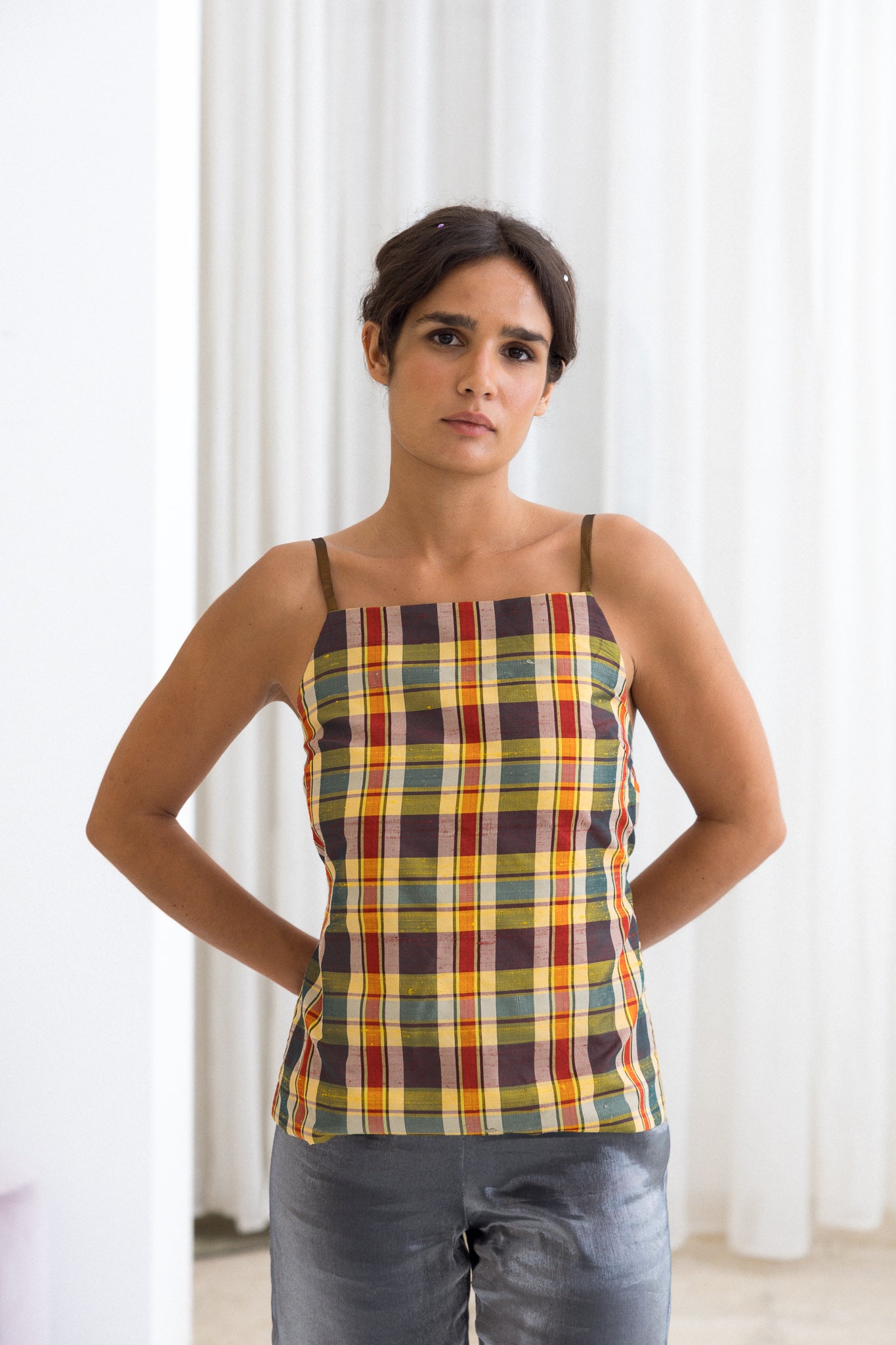 Top Madras Xadrez com Forro Castanho