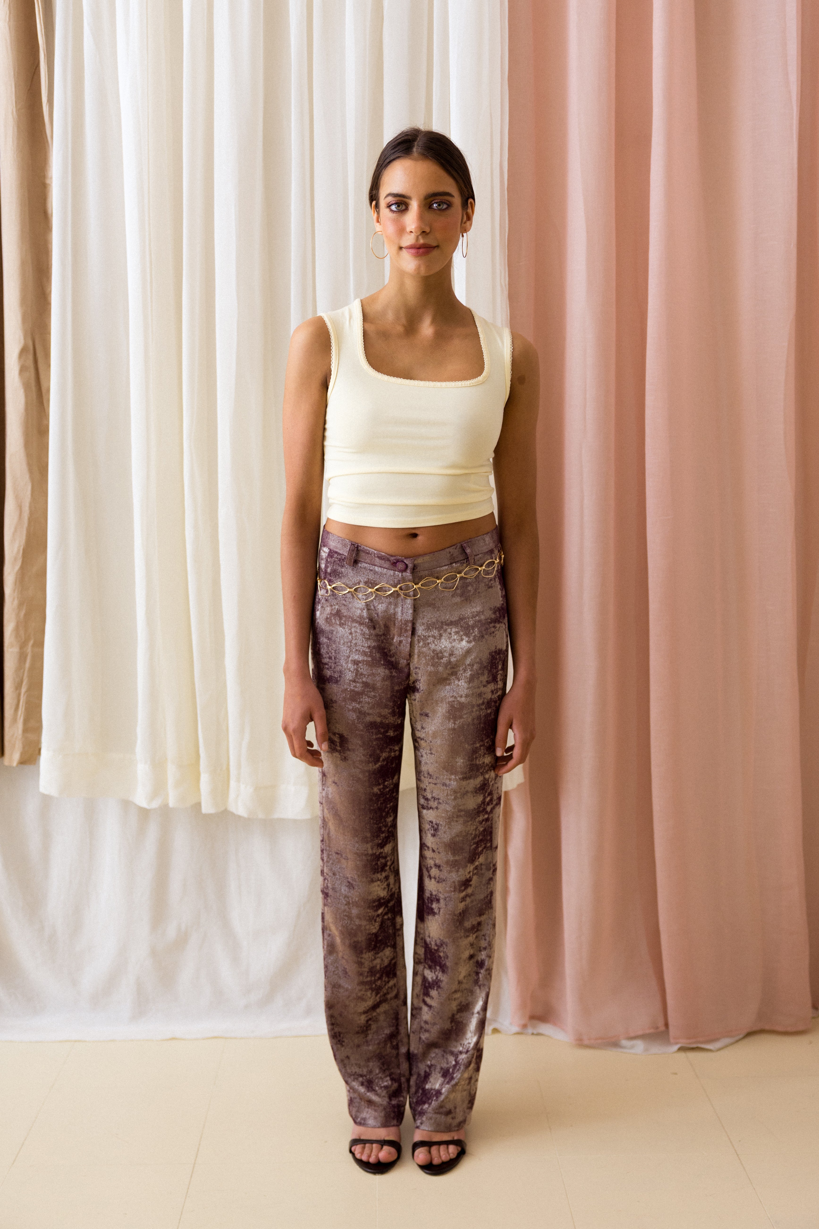 Calças de Corte Reto Beringela Brilhante