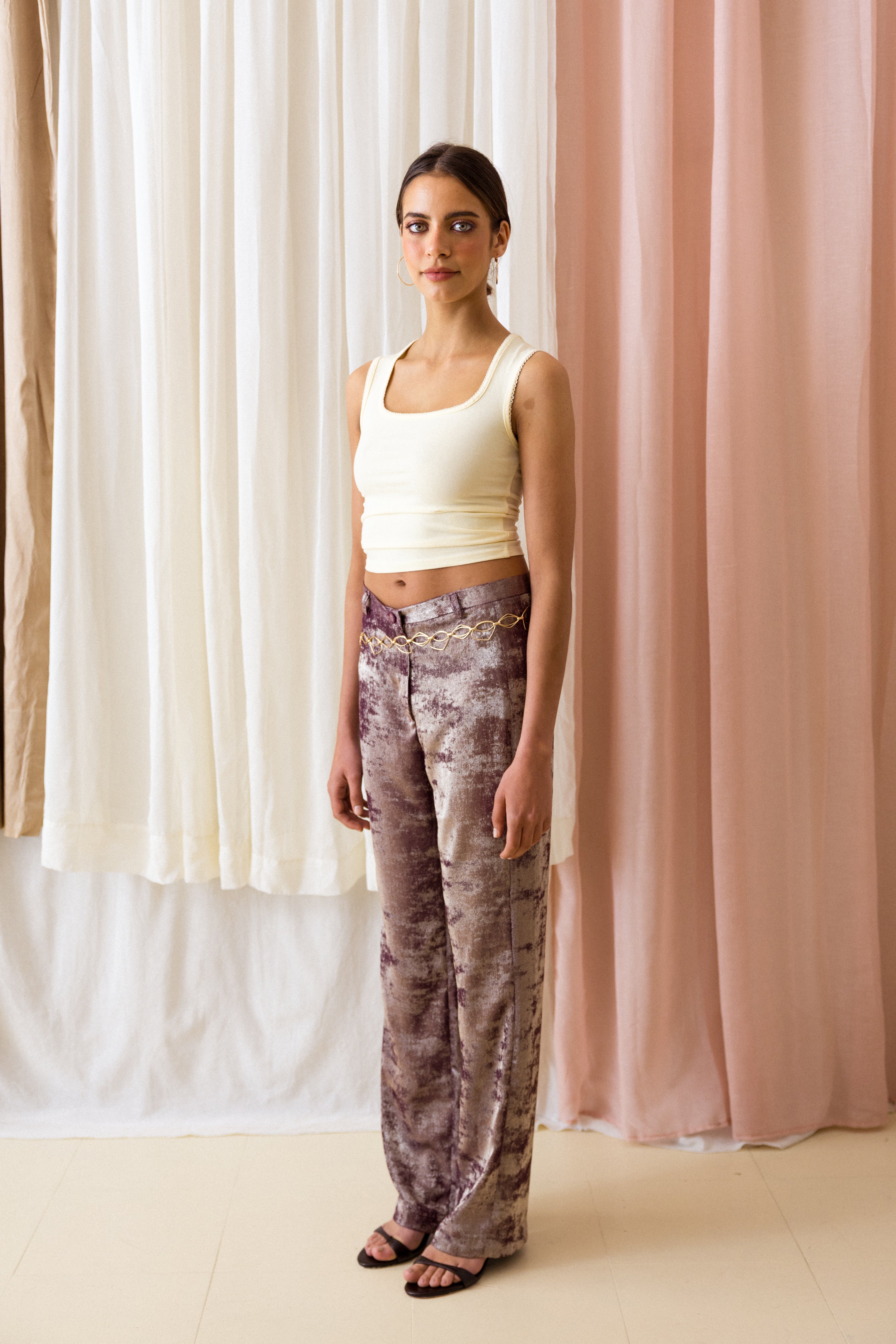 Calças de Corte Reto Beringela Brilhante