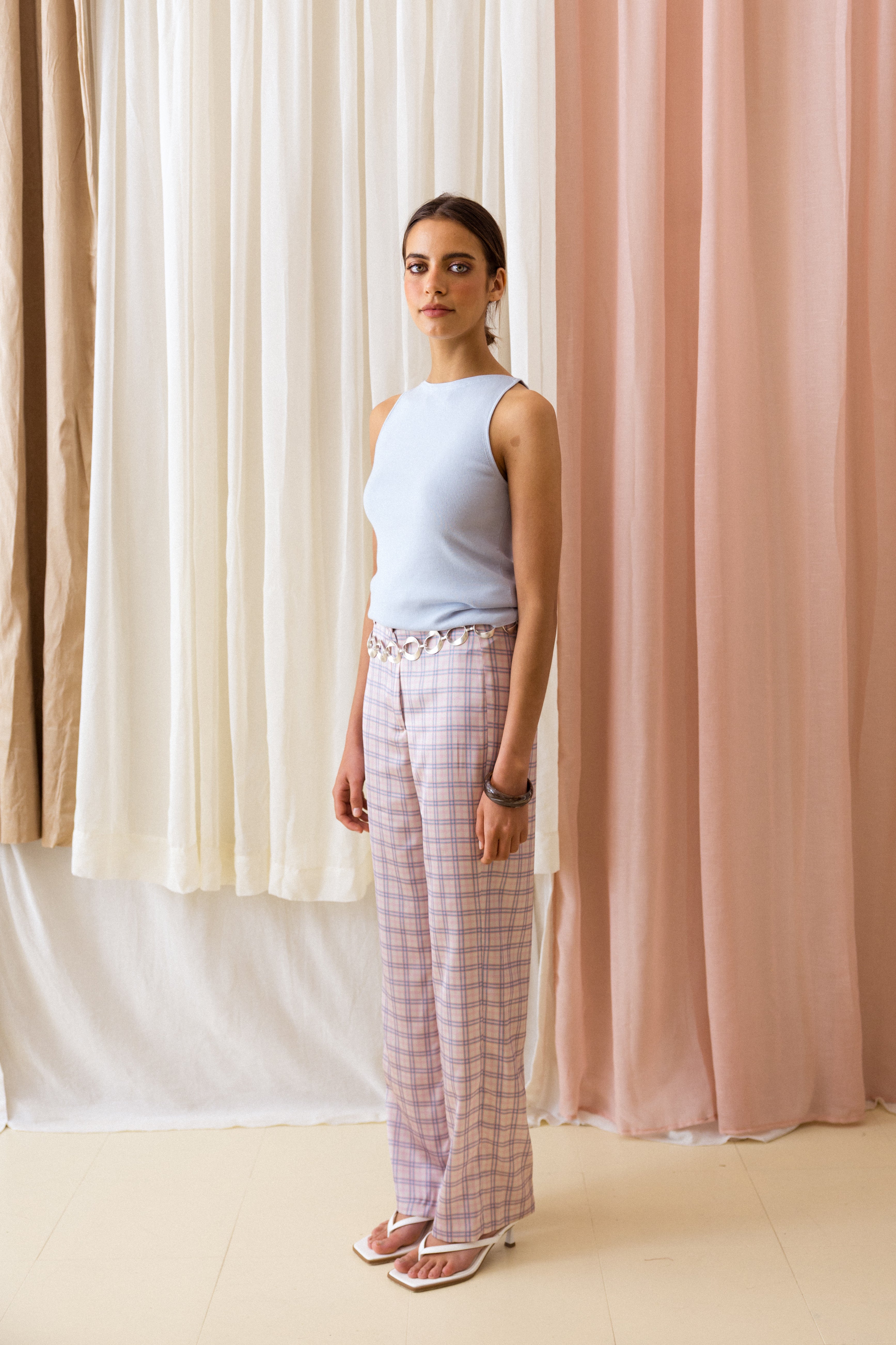 Calças de Corte Reto Xadrez Rosa e Azul