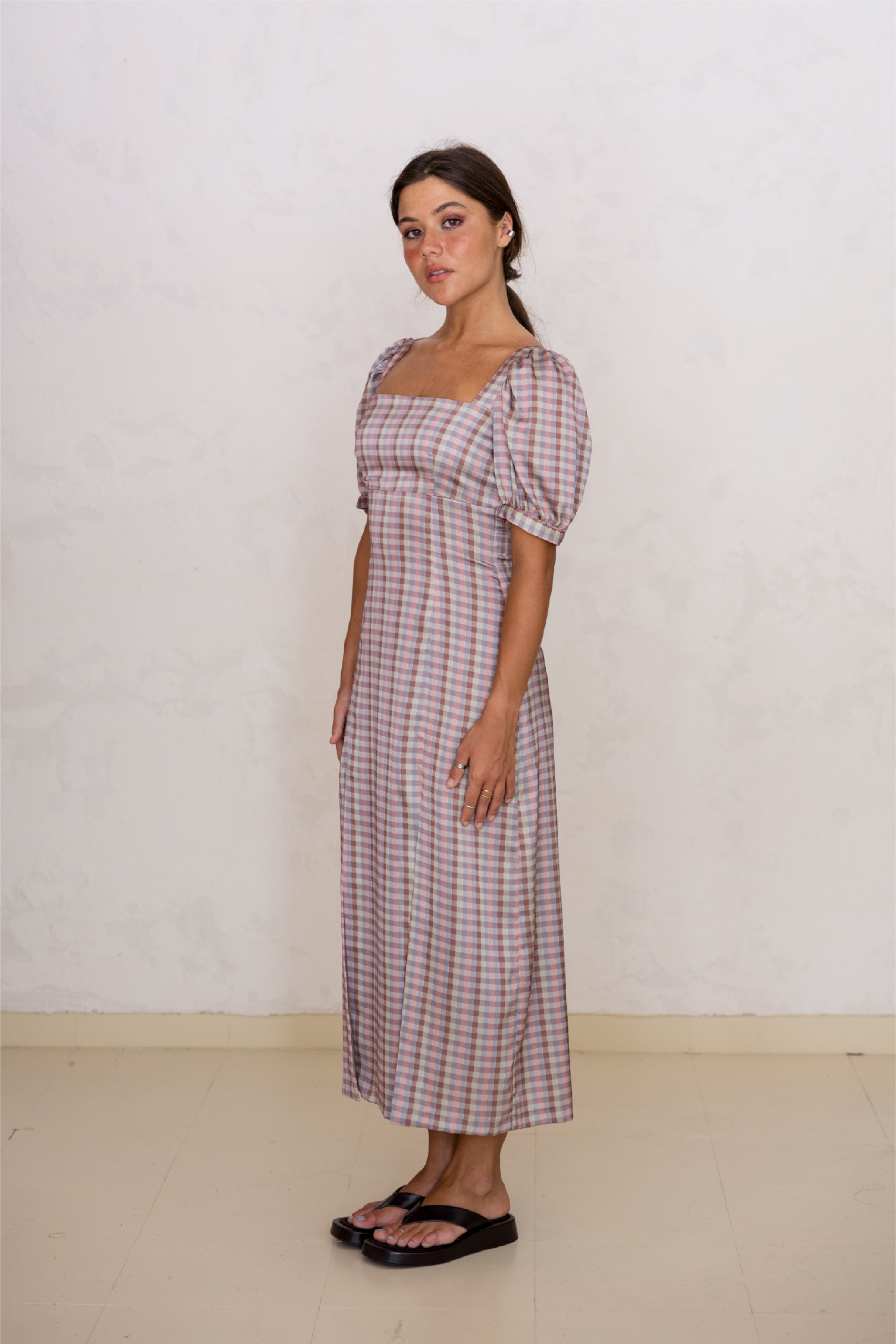 Vestido Mangas Balão Vichy