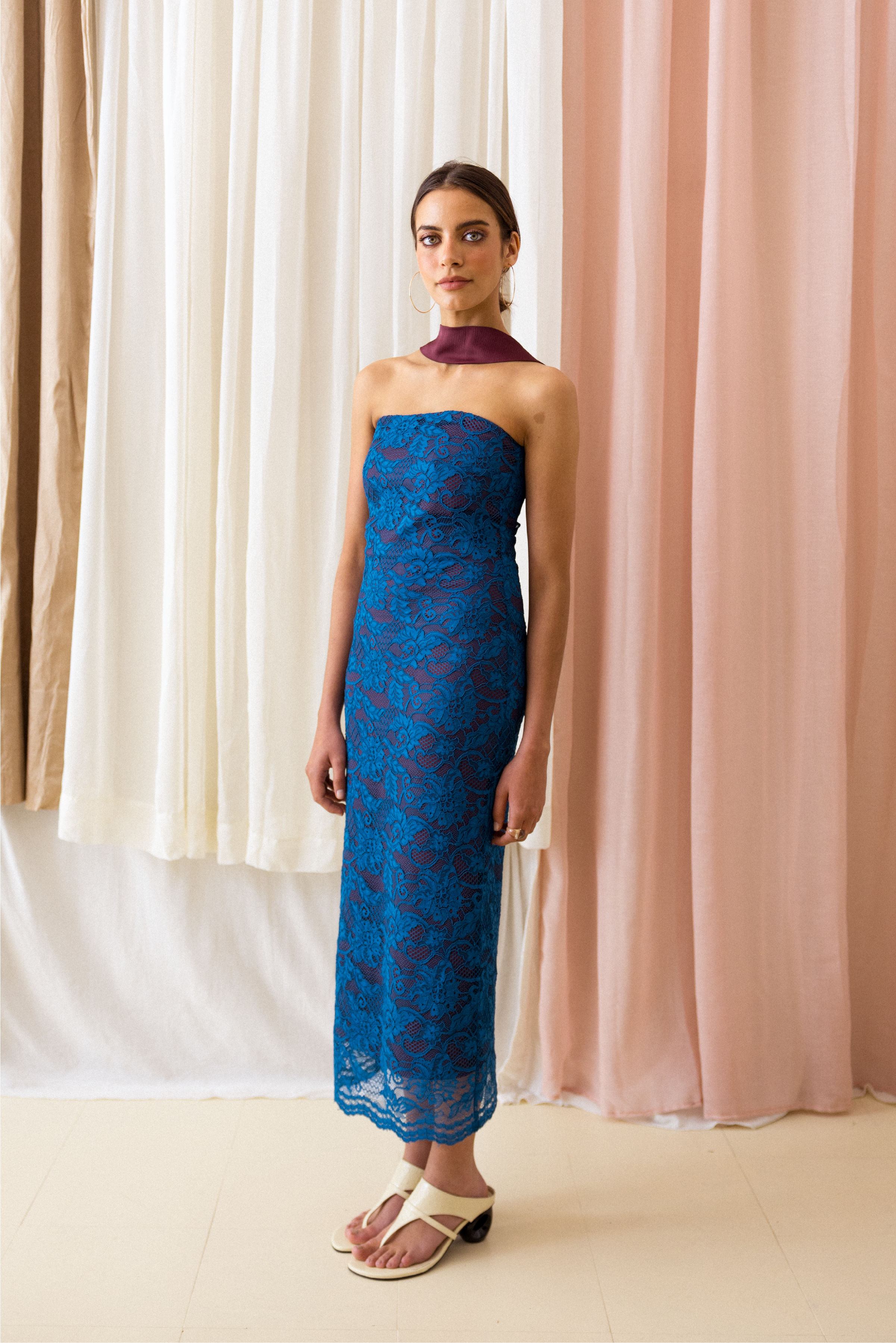 Lace Strapless Dress Blue with Scarf
