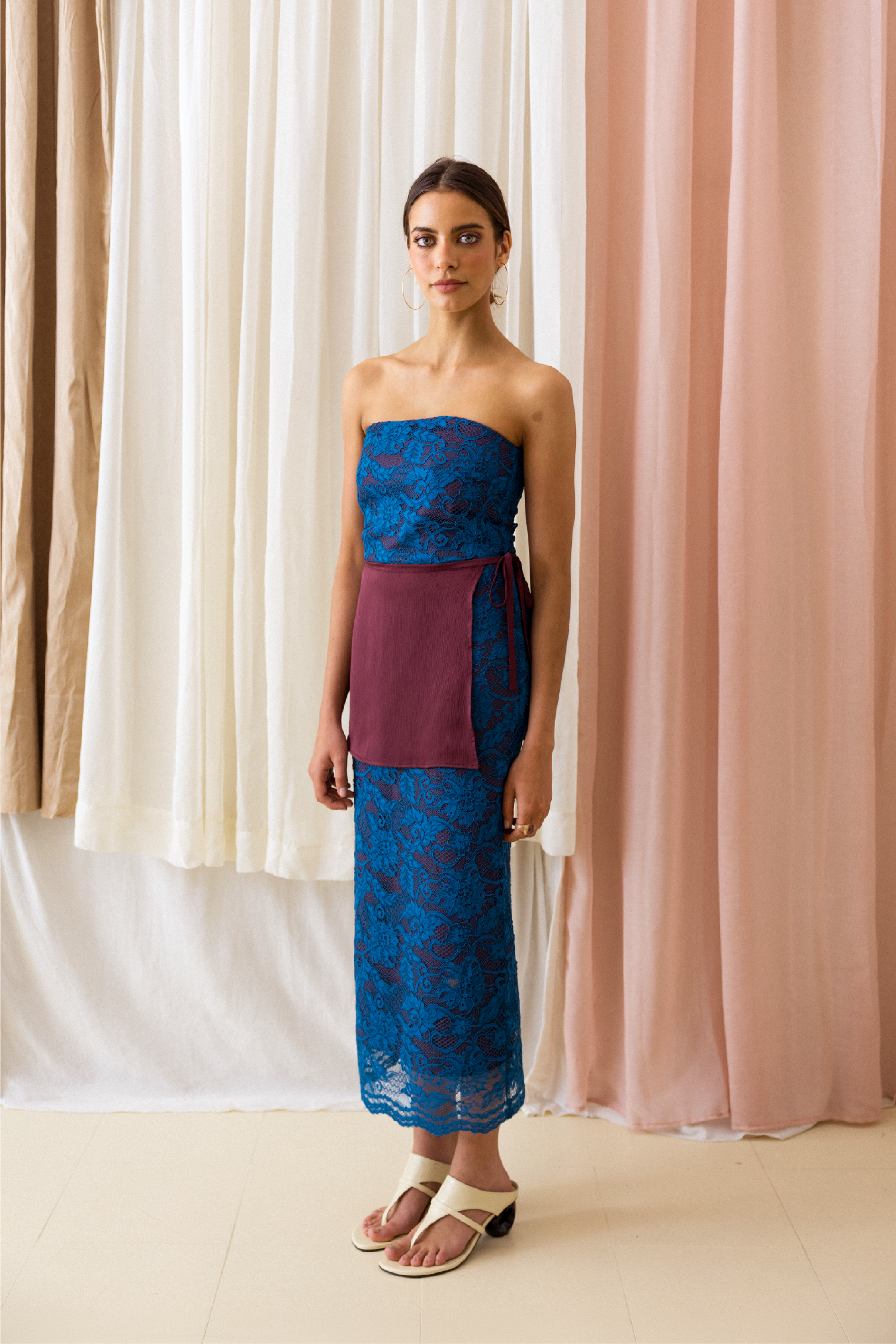 Lace Strapless Dress Blue with Overskirt