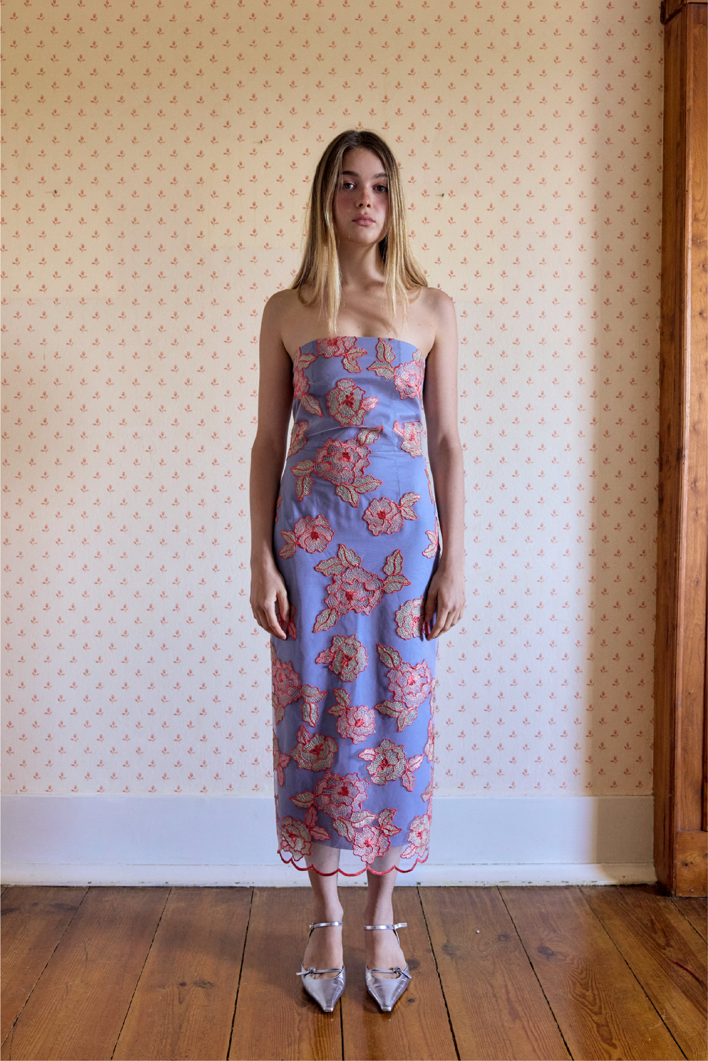 Embroidered Tulle Strapless Dress Orange