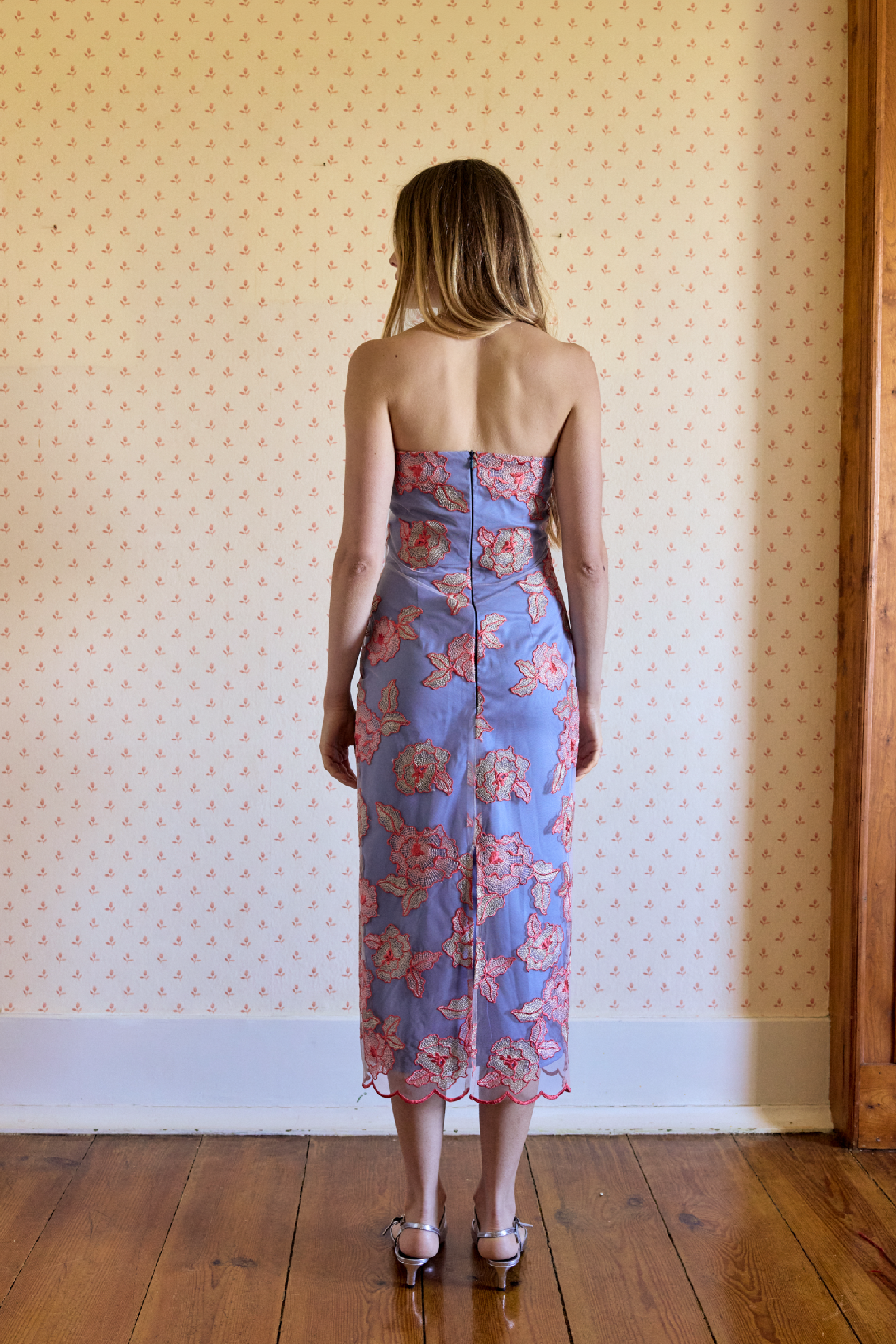 Embroidered Tulle Strapless Dress Orange