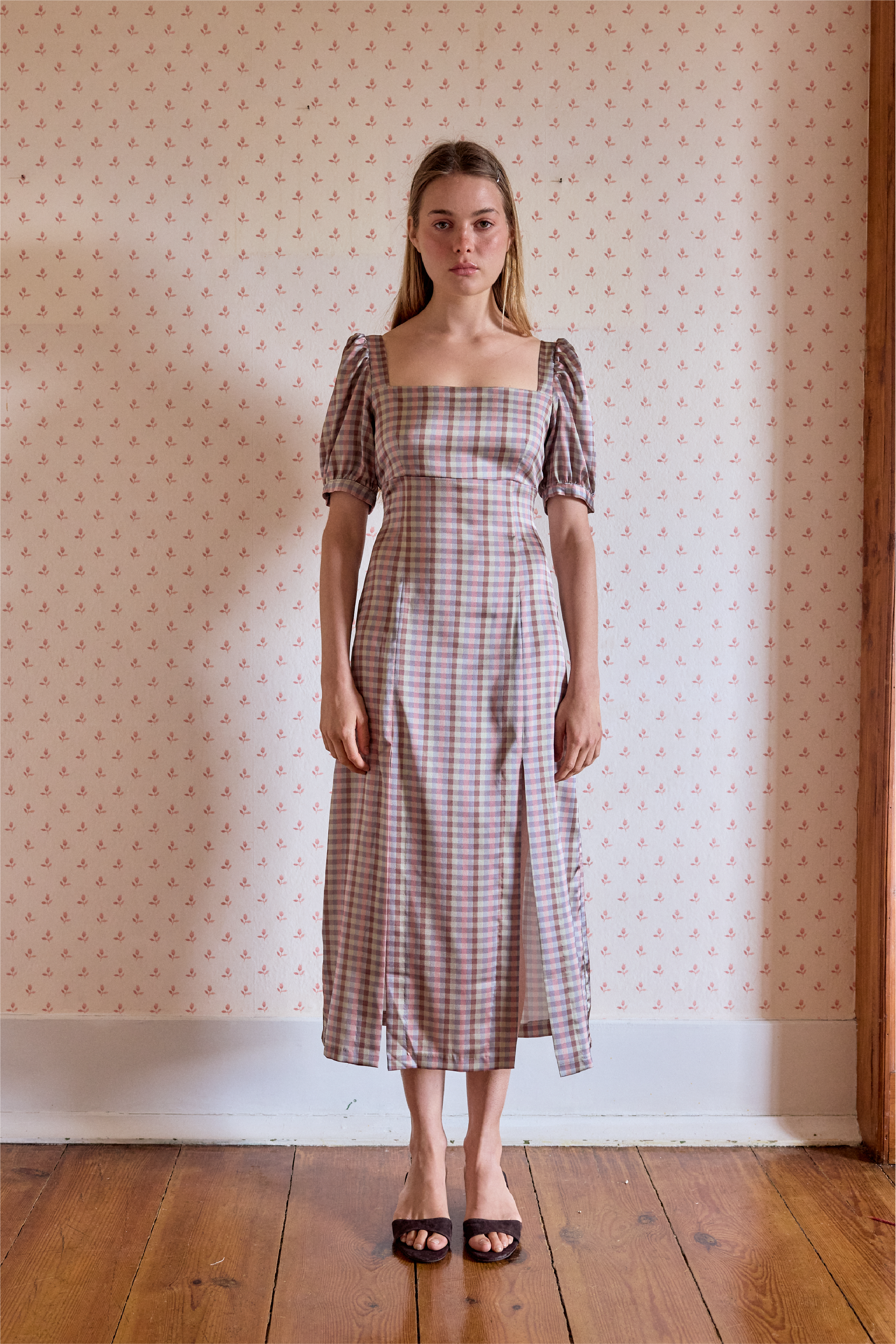 Vestido Mangas Balão Vichy
