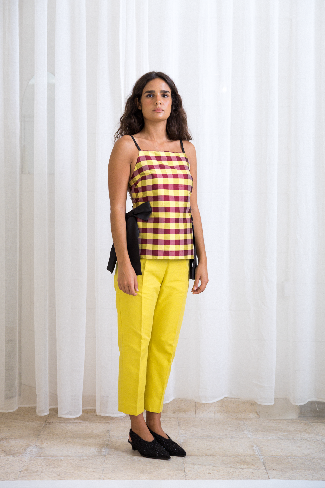 Top Laços Vichy Amarelo e Castanho