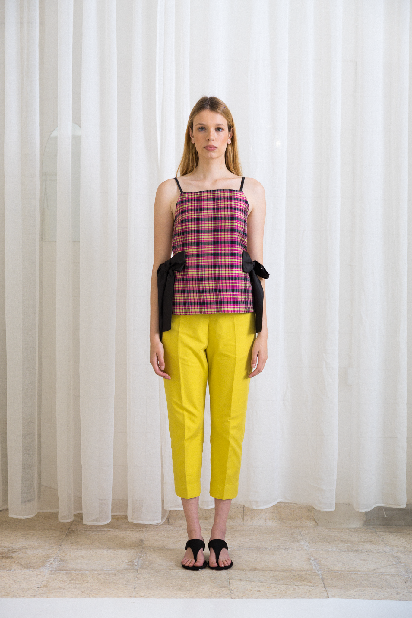 Top Laços Xadrez Rosa e Amarelo