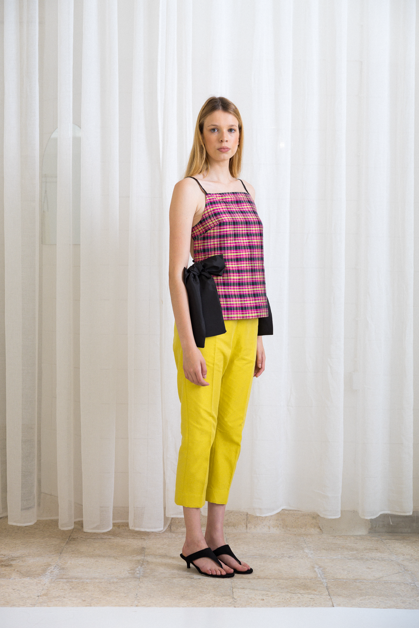 Top Laços Xadrez Rosa e Amarelo