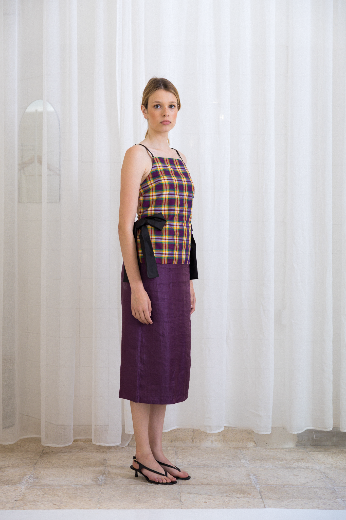Top Laços Xadrez Roxo e Amarelo