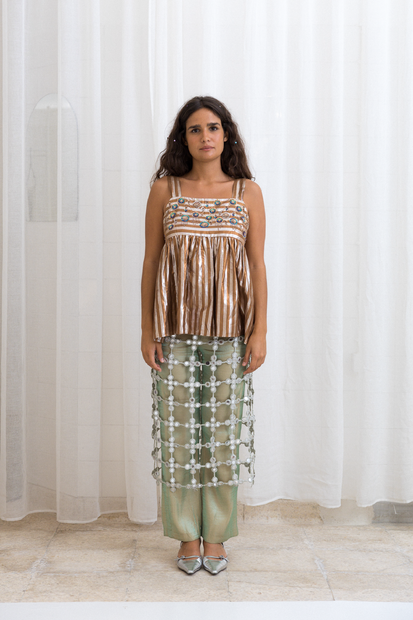 Embroidered Peplum Top Brown