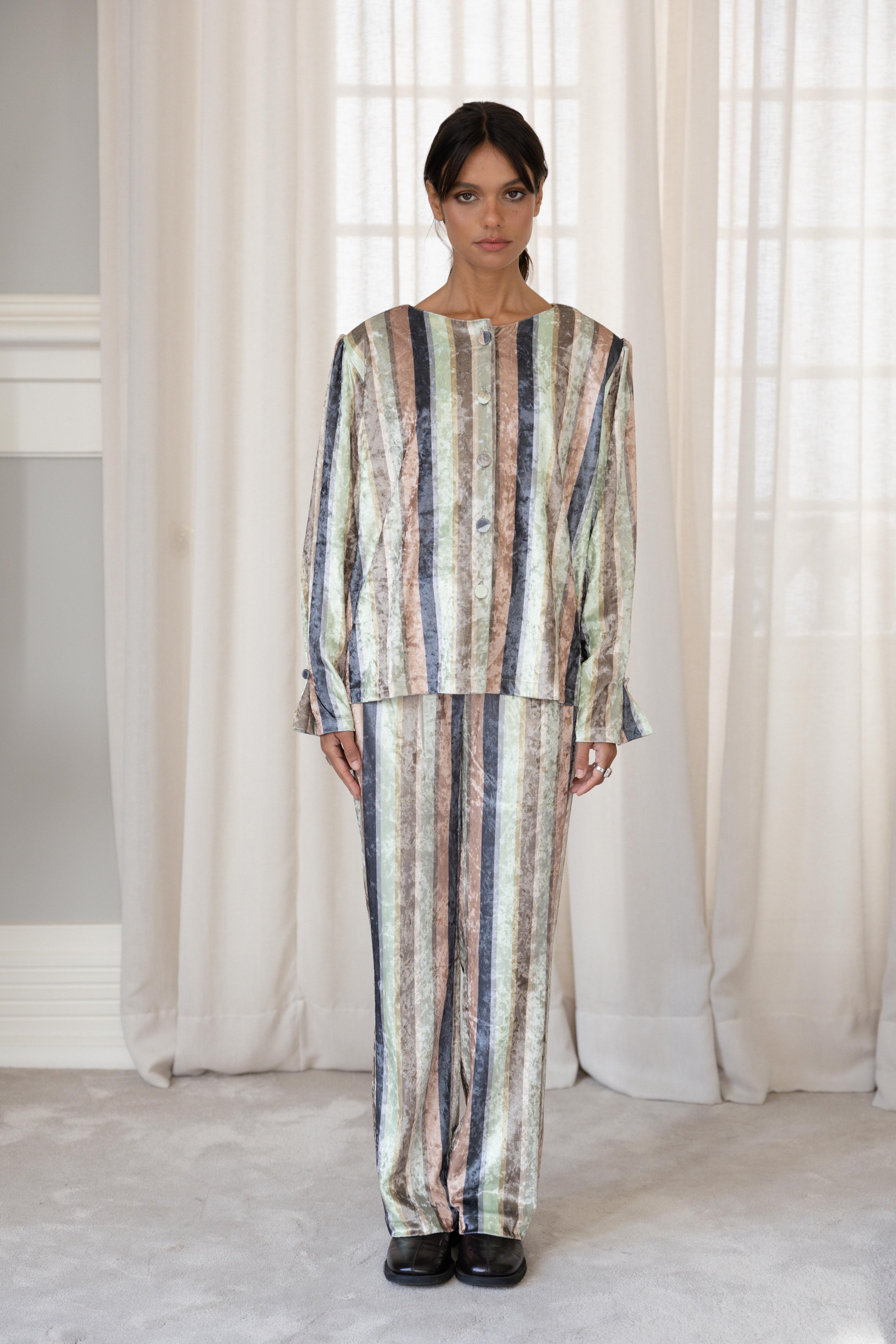 Round-Collar Shirt Striped Velvet