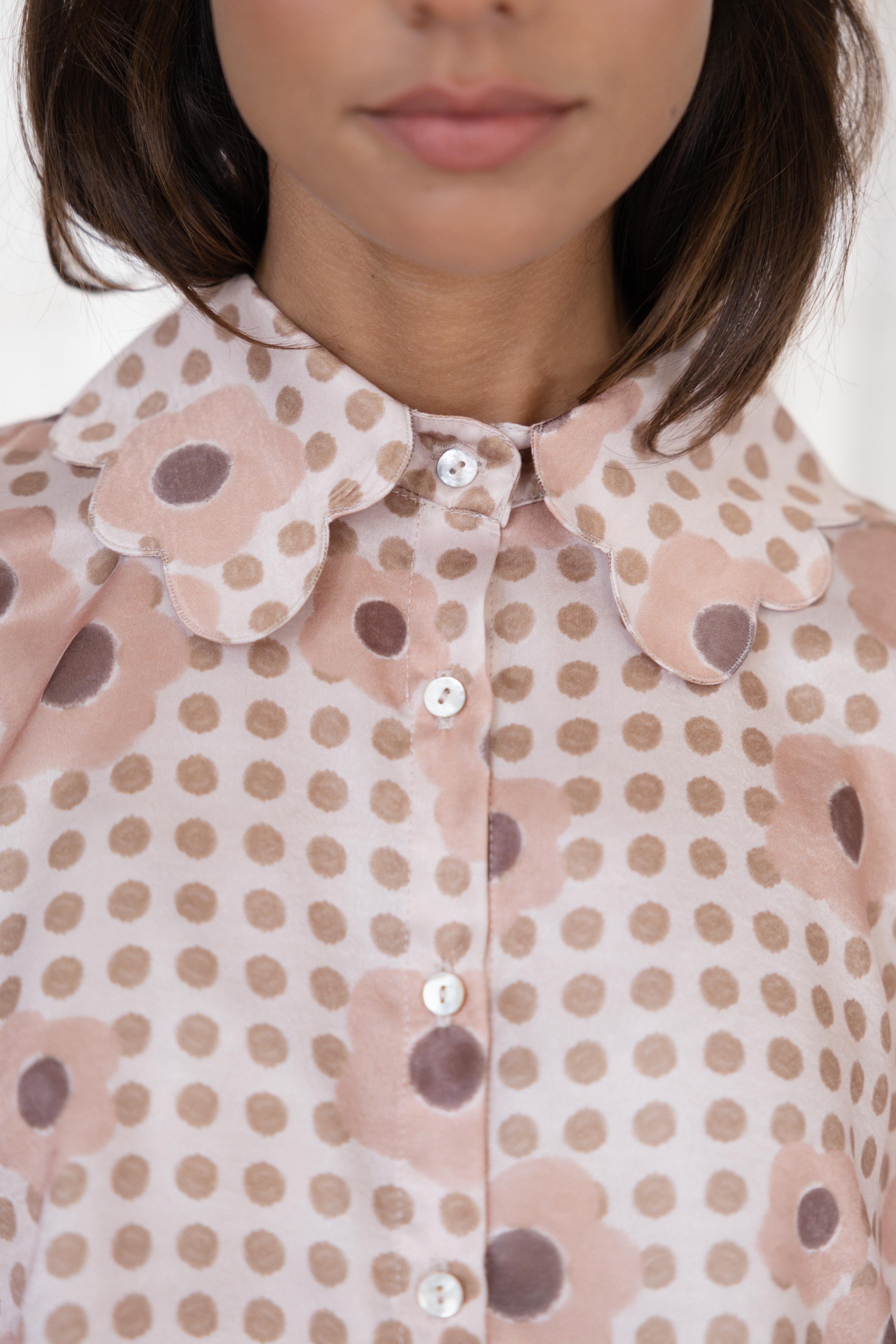 Cutout-Collar Shirt Polka Dots and Flowers