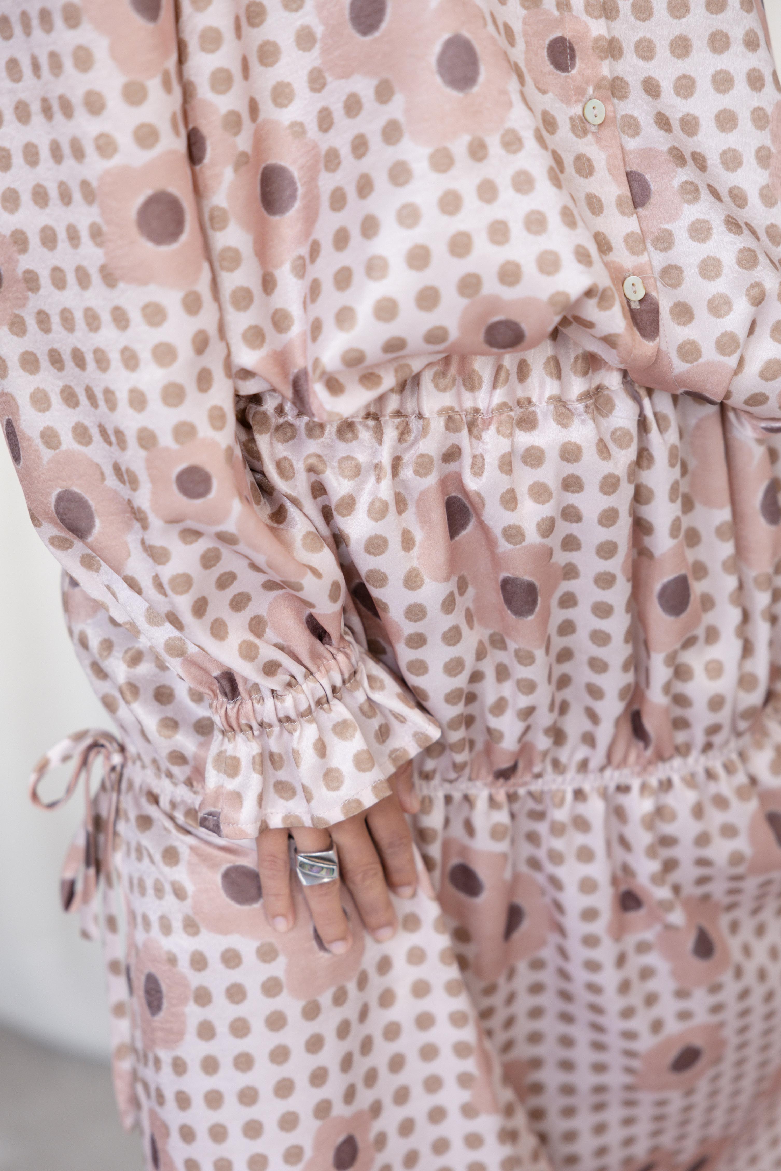 Flared Shirred Skirt Polka Dots and Flowers