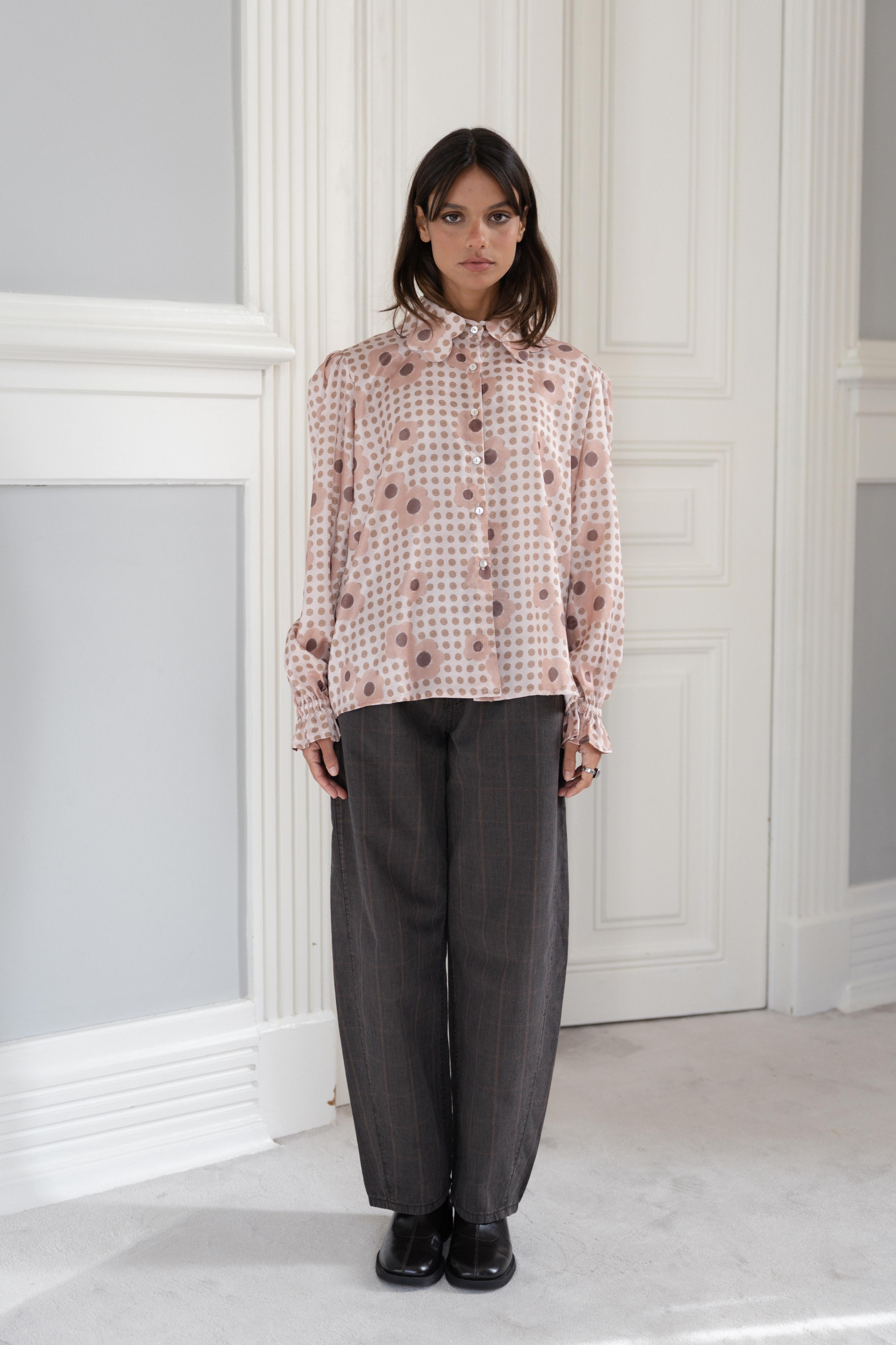 Cutout-Collar Shirt Polka Dots and Flowers