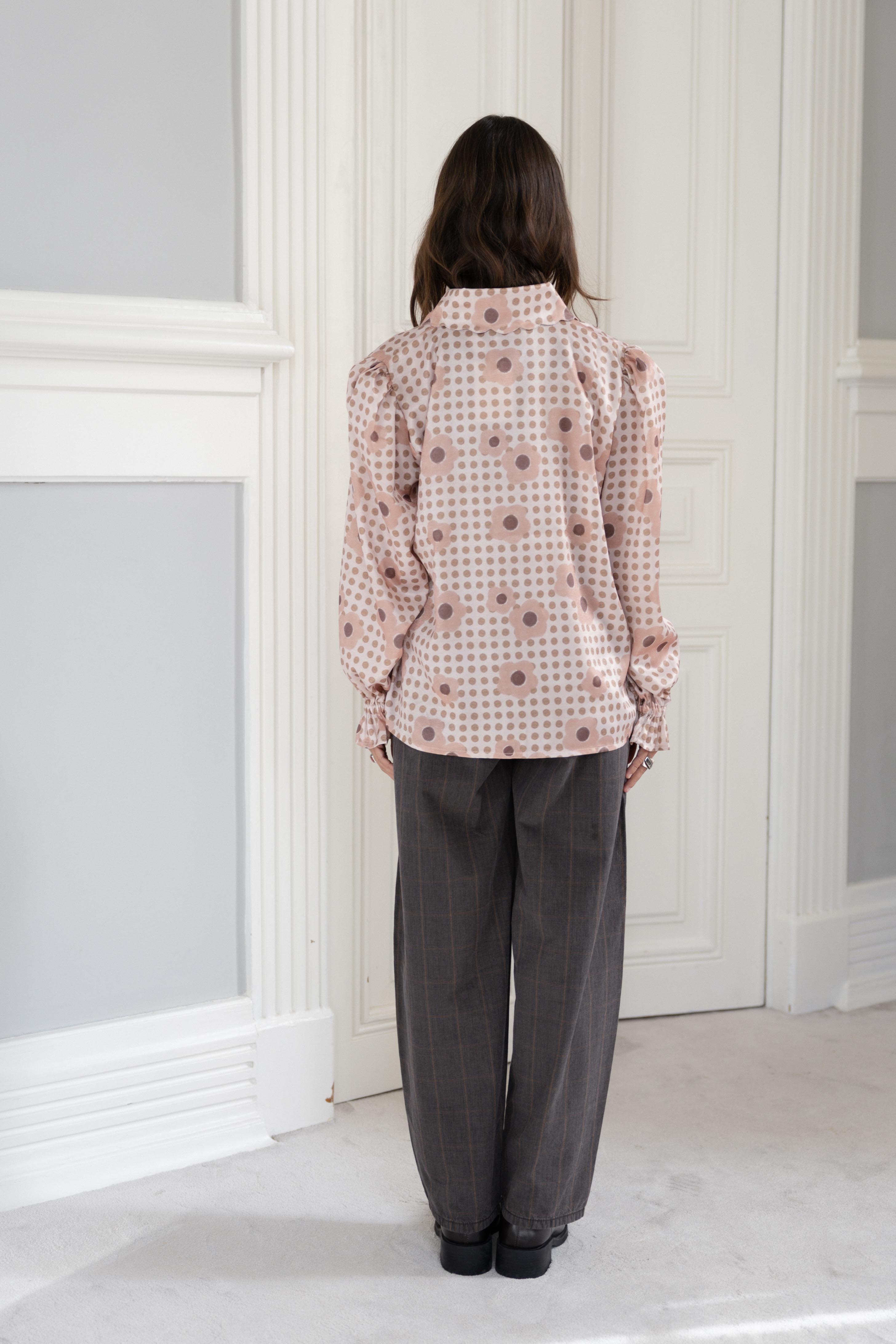 Cutout-Collar Shirt Polka Dots and Flowers