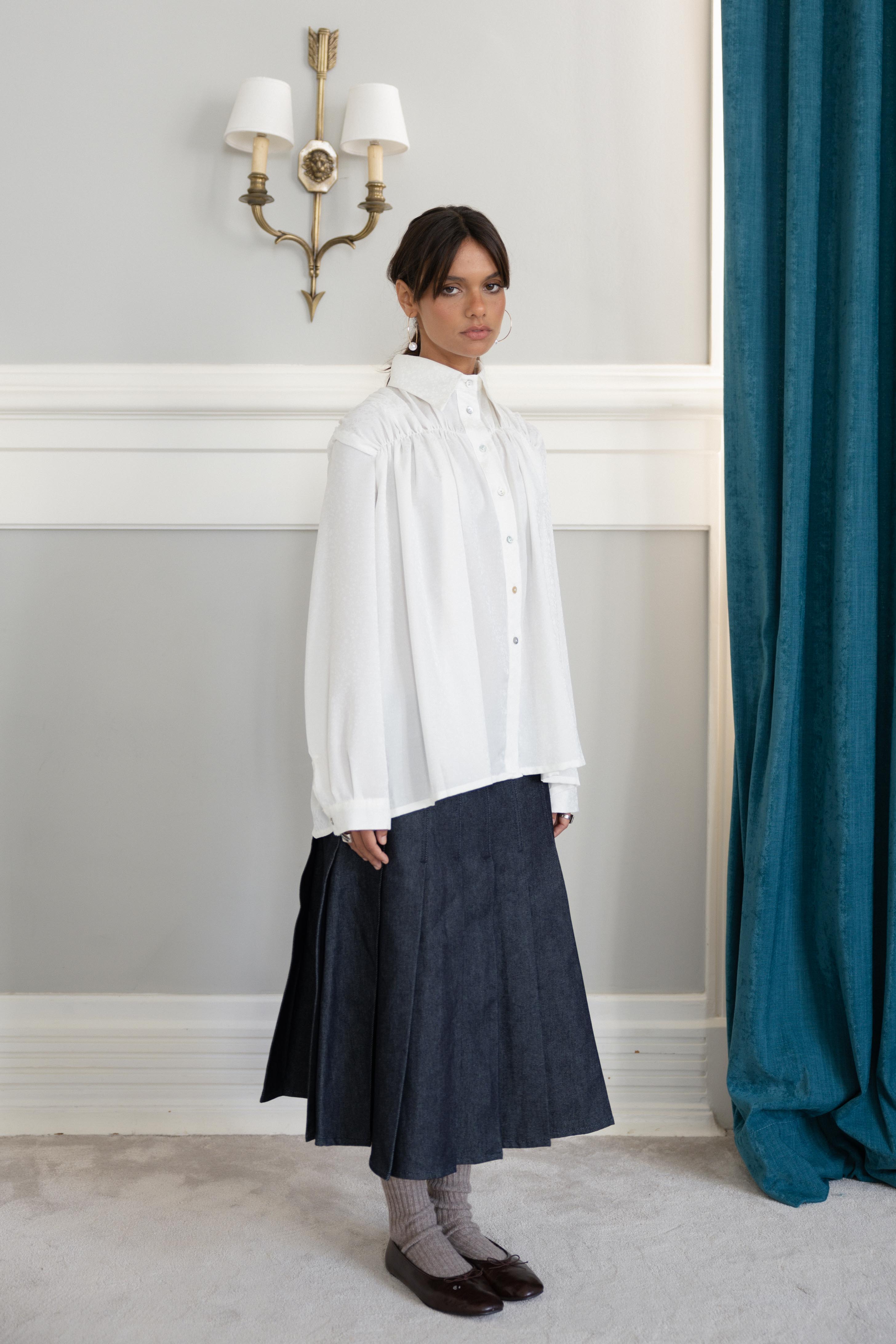 Shirred Shirt White Jacquard