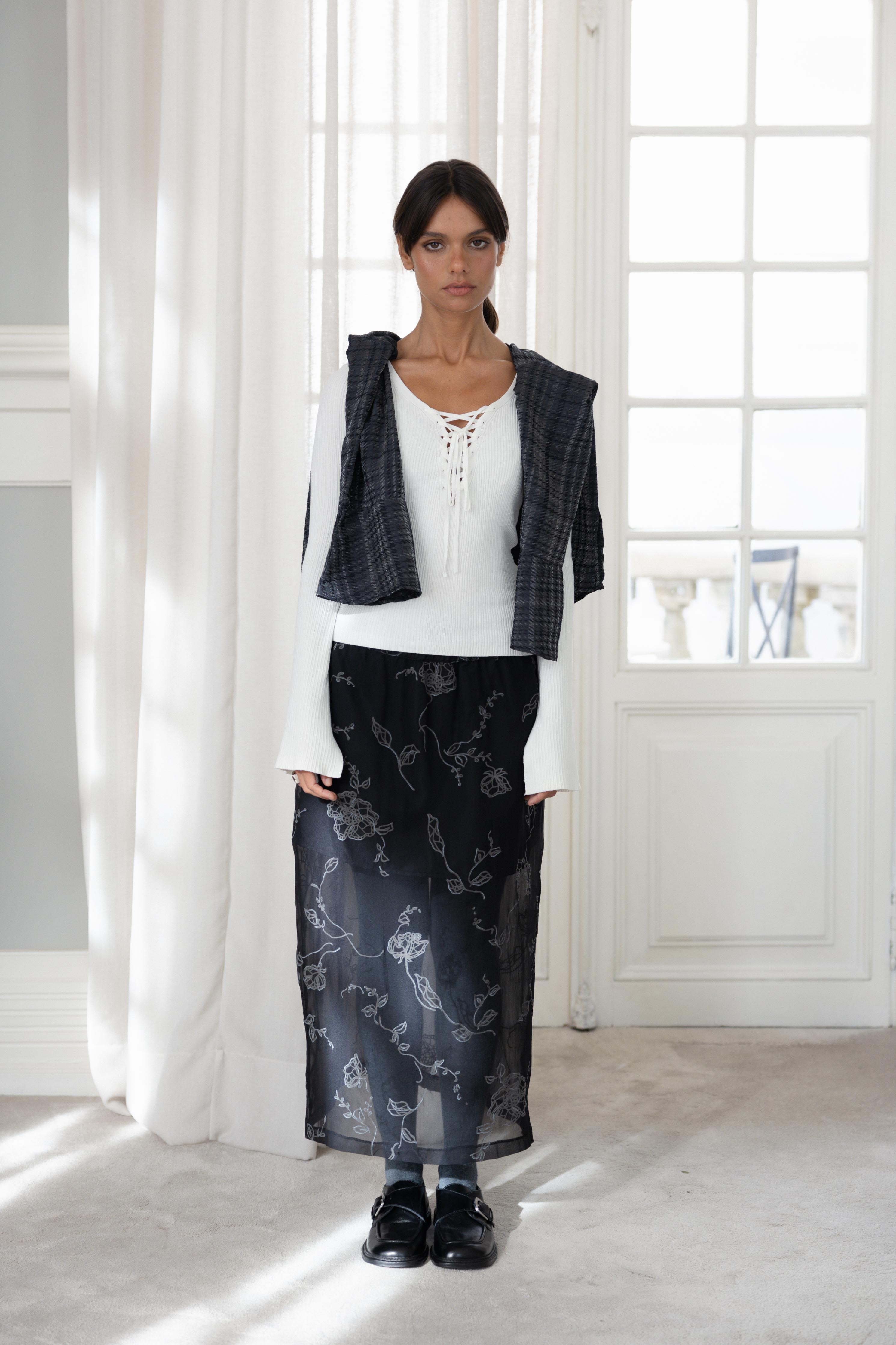 Saia Midi Elástico Transparente Floral