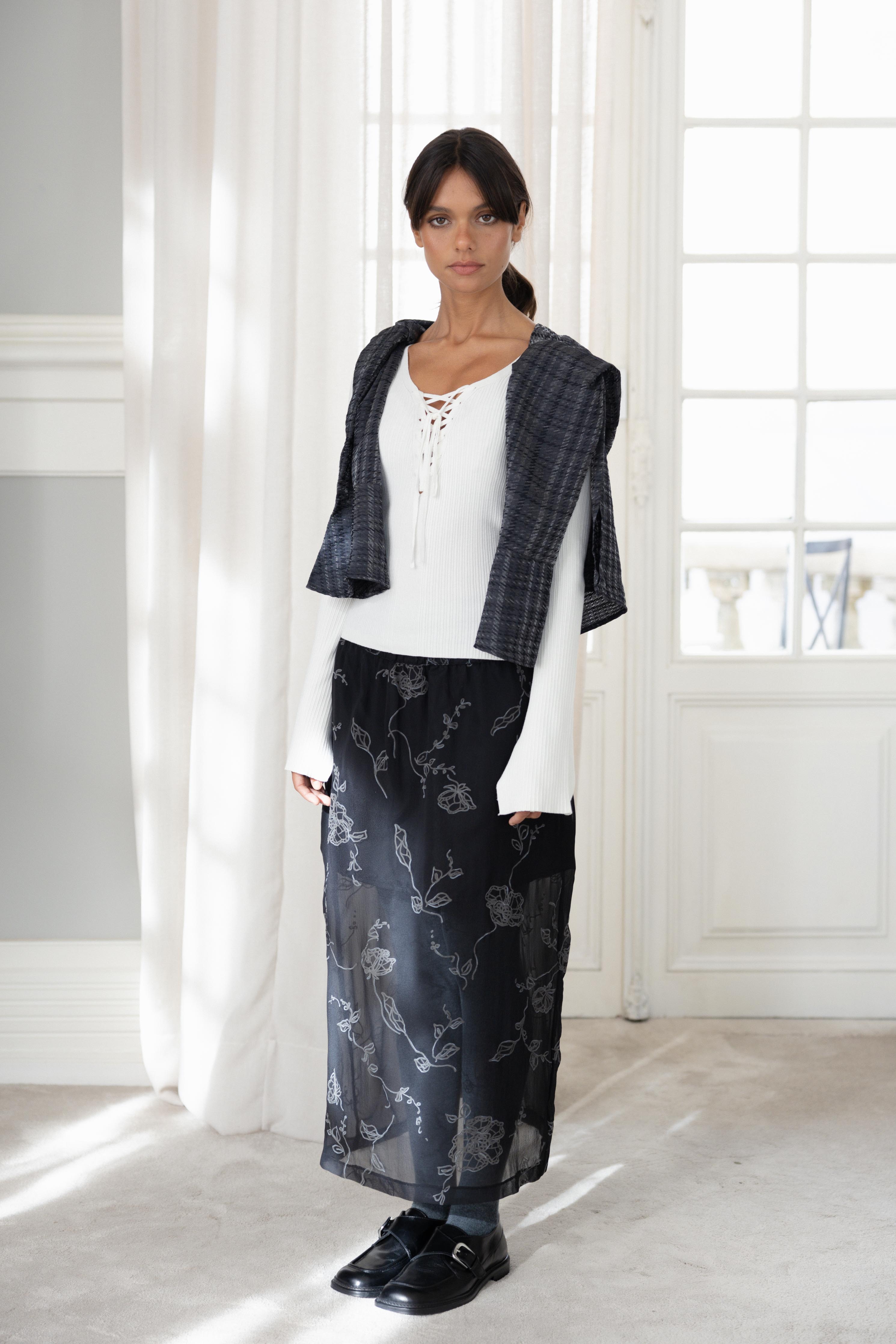 Saia Midi Elástico Transparente Floral