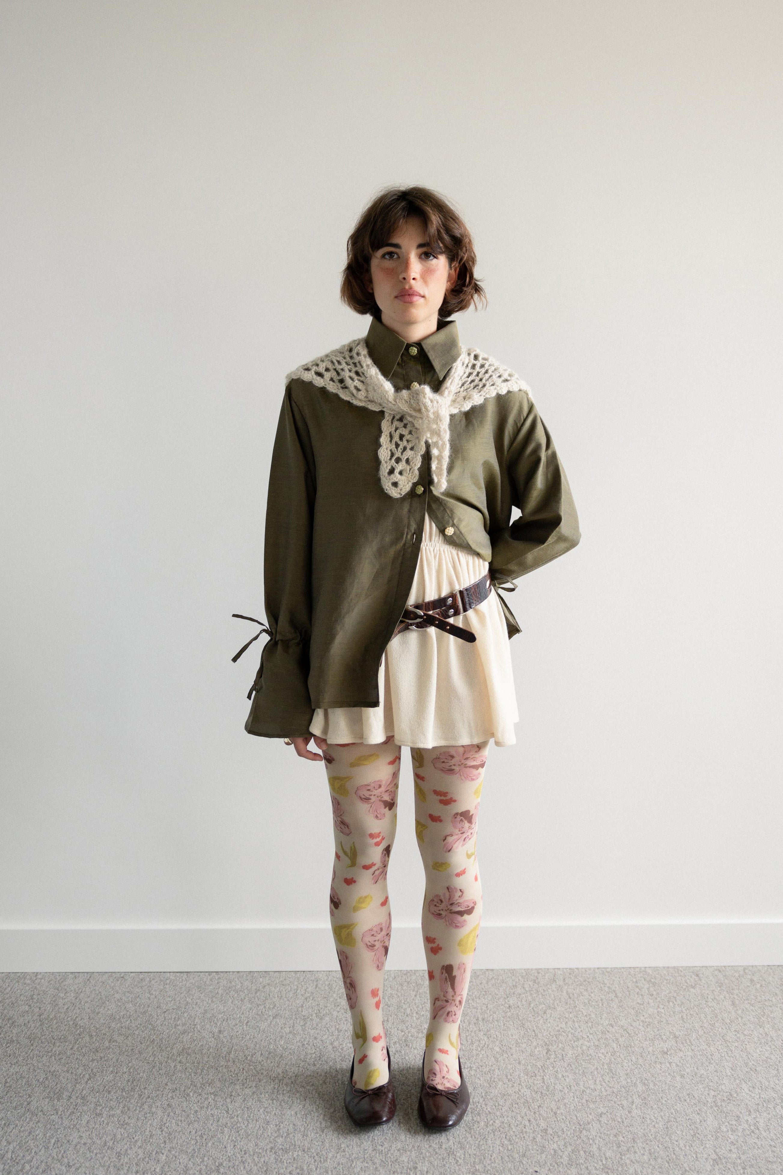 Shirt with Tie-Up Sleeves Dark Green