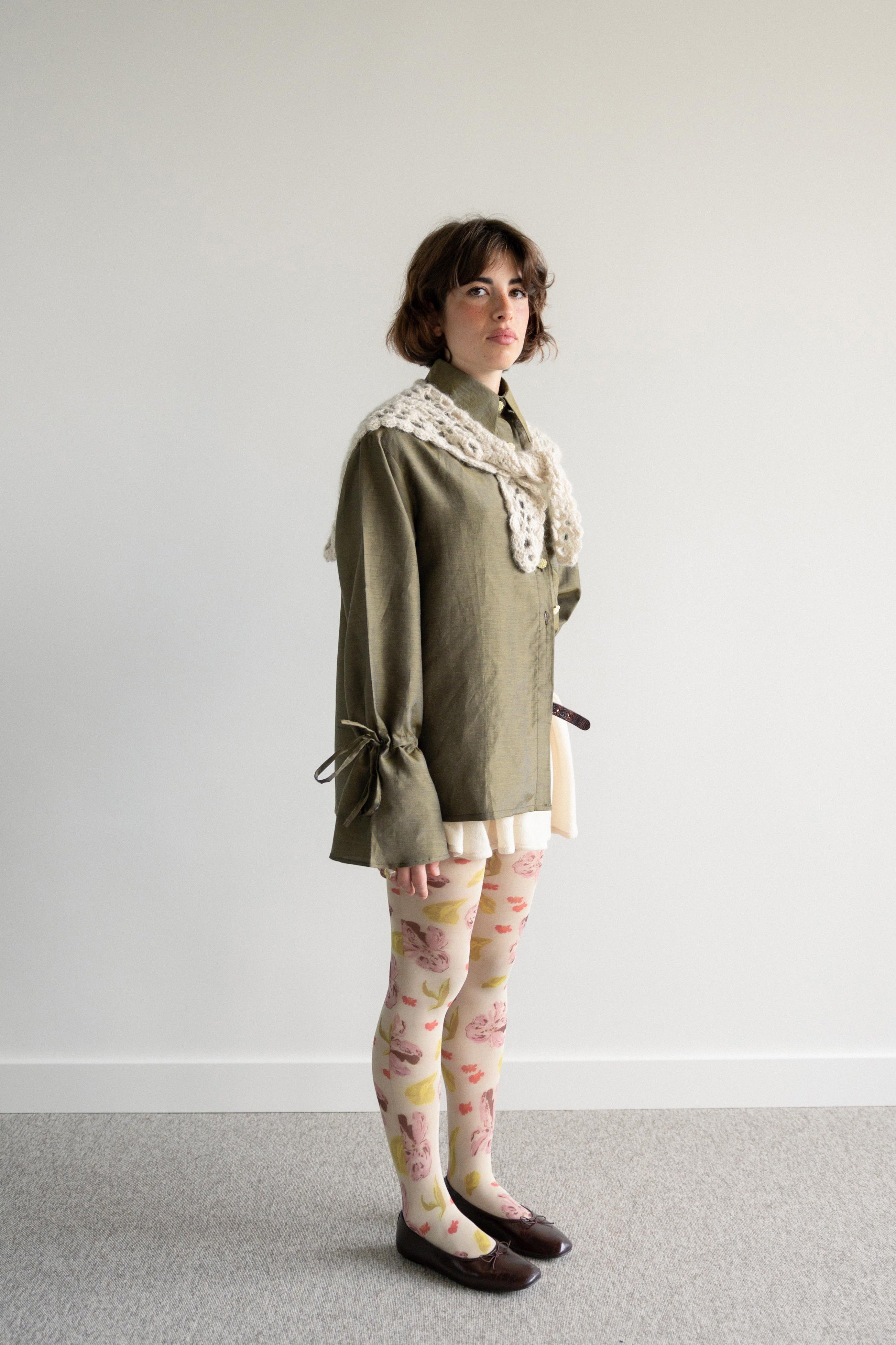 Shirt with Tie-Up Sleeves Dark Green