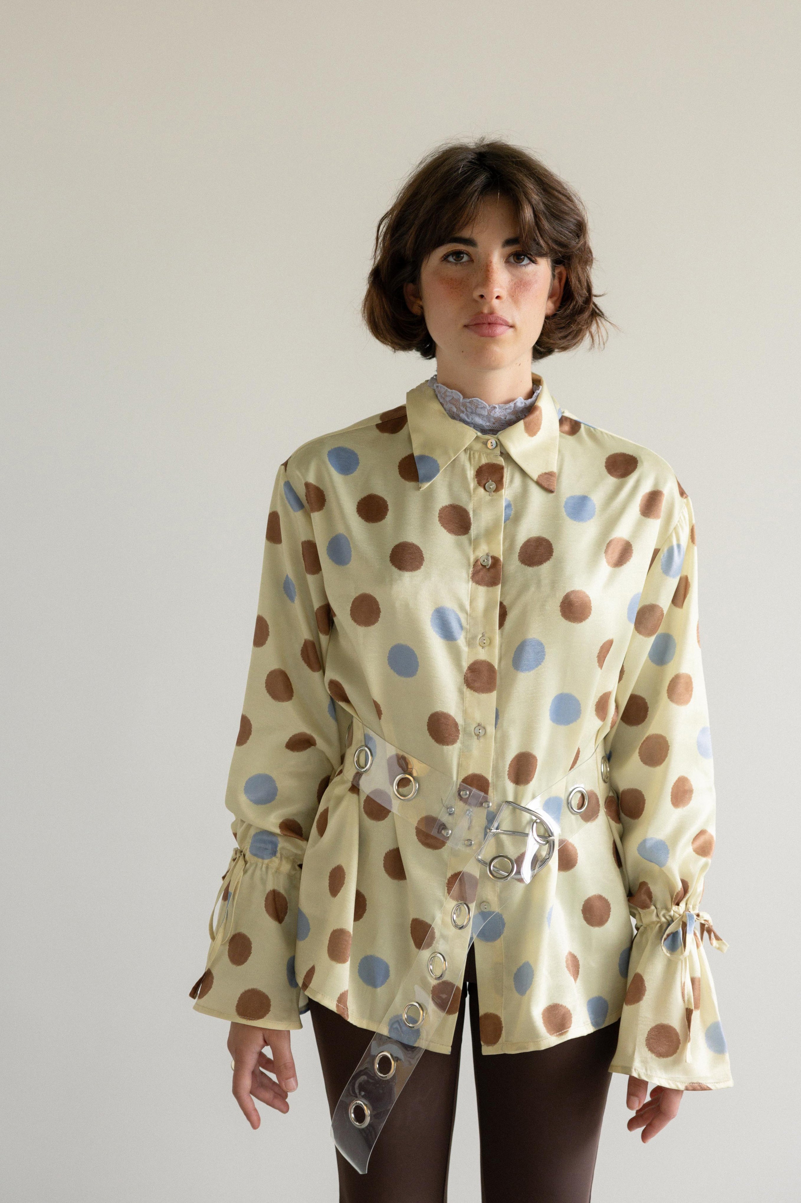 Camisa Mangas com Atilhos Polka Dots