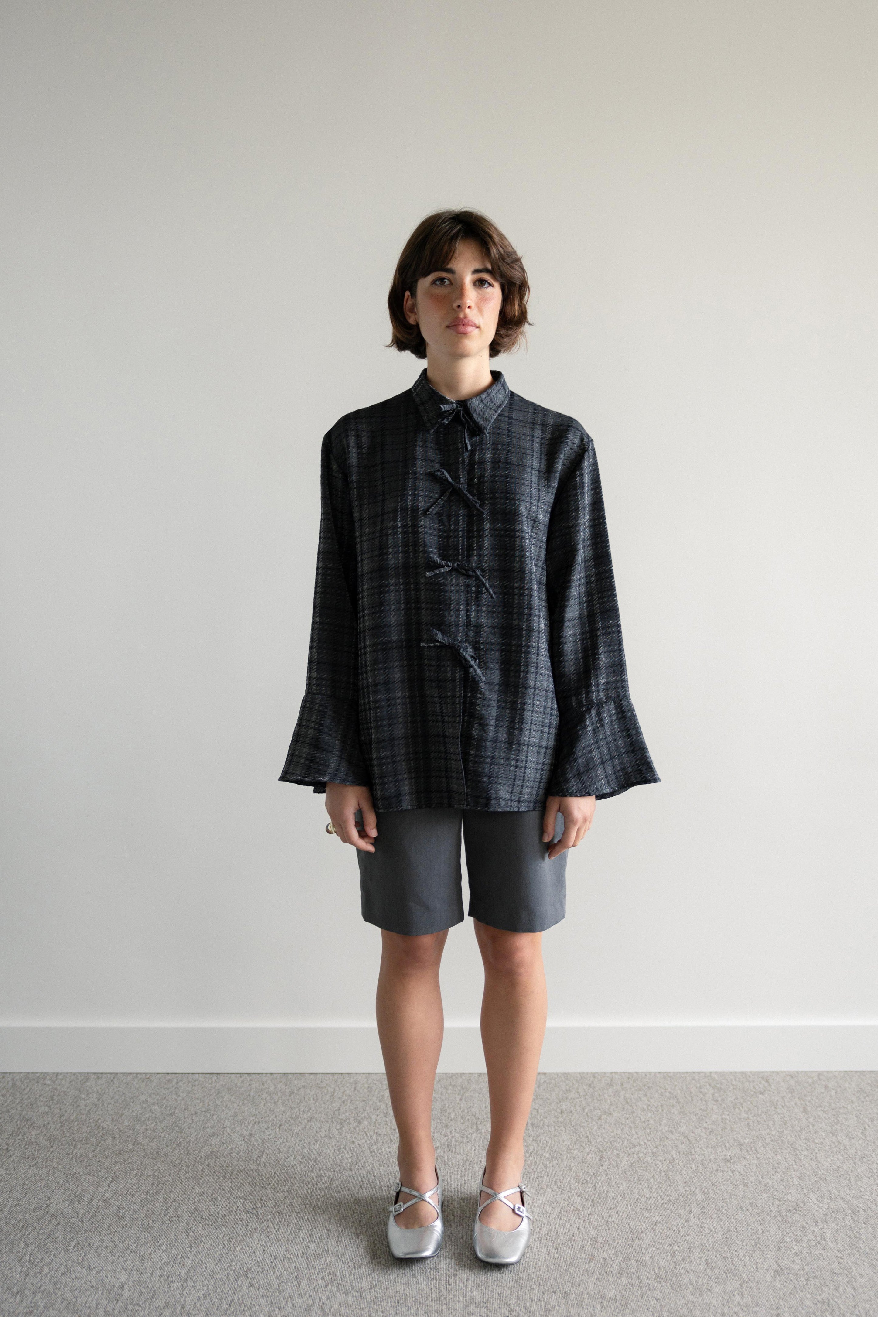 Fluid Shirt with Ties Shiny Check