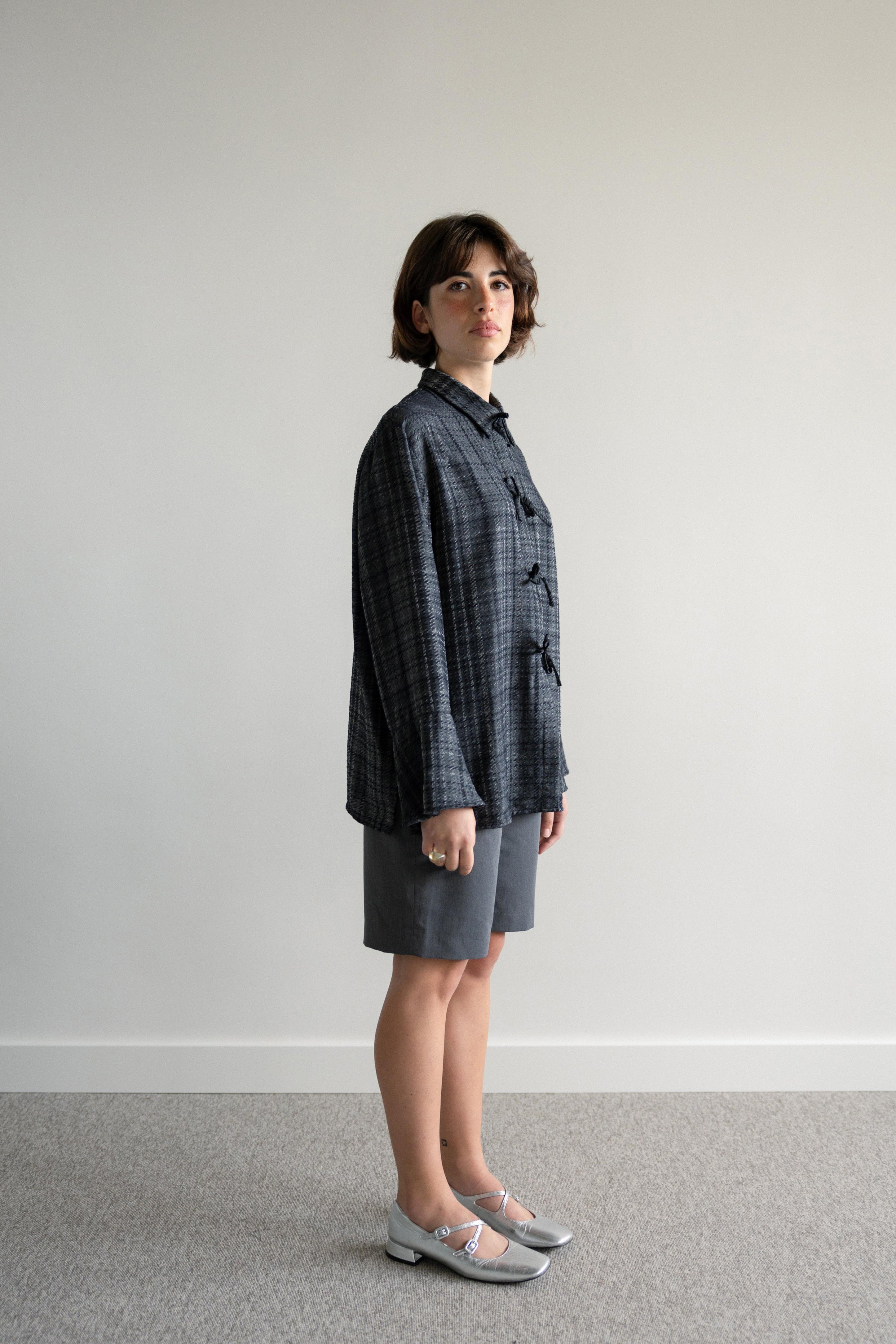 Fluid Shirt with Ties Shiny Check