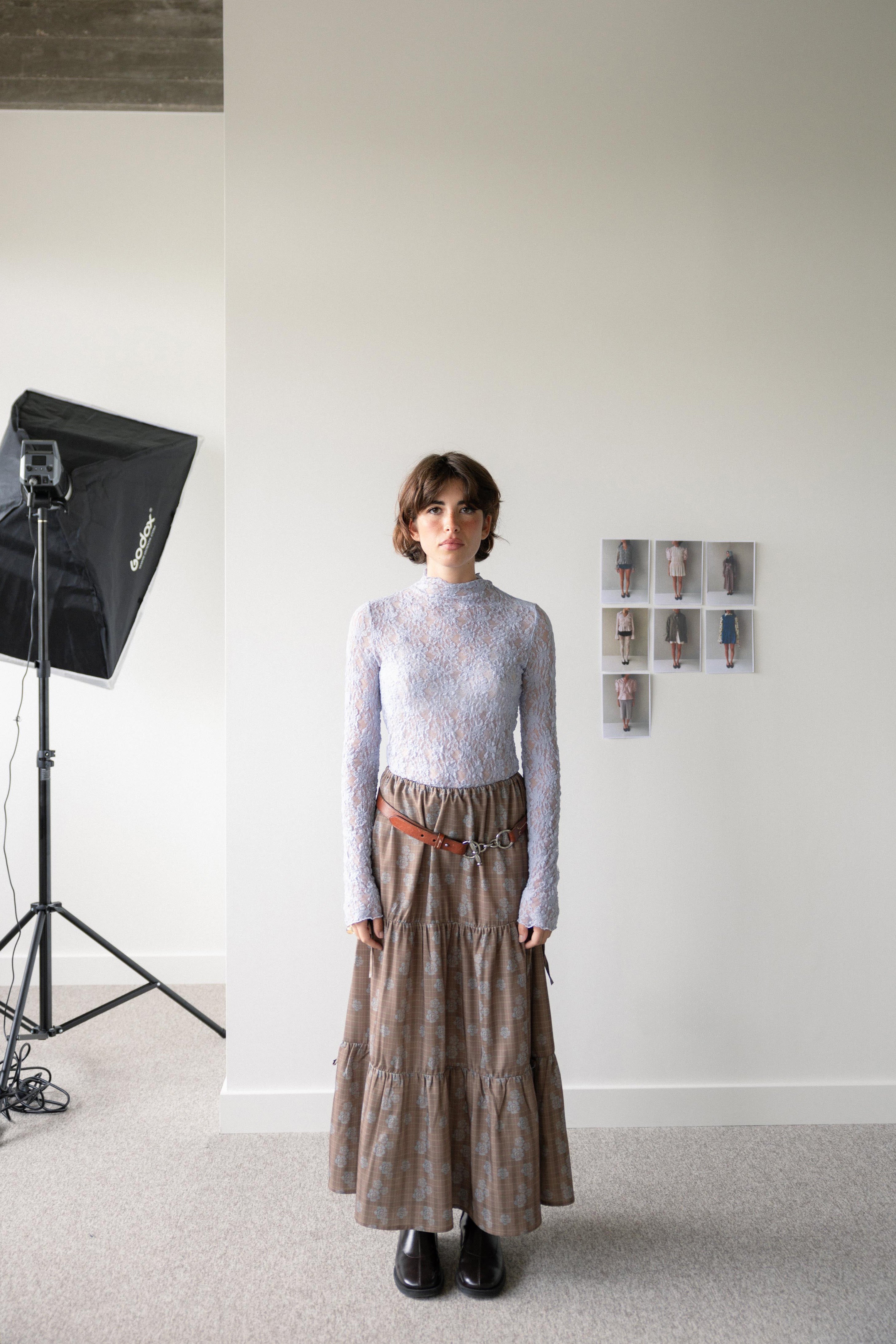 Panelled Midi Skirt Brown Check and Flowers