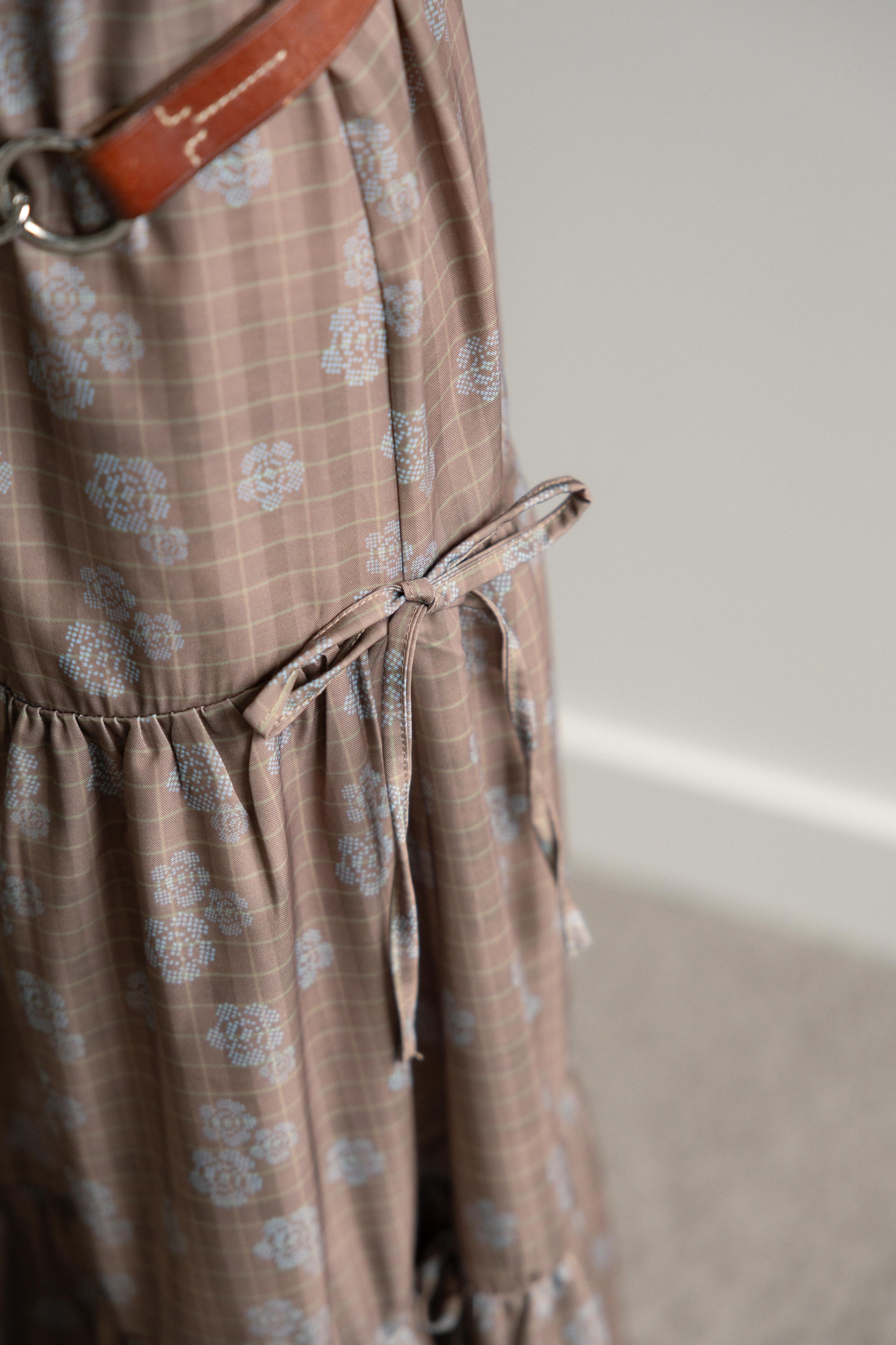 Panelled Midi Skirt Brown Check and Flowers