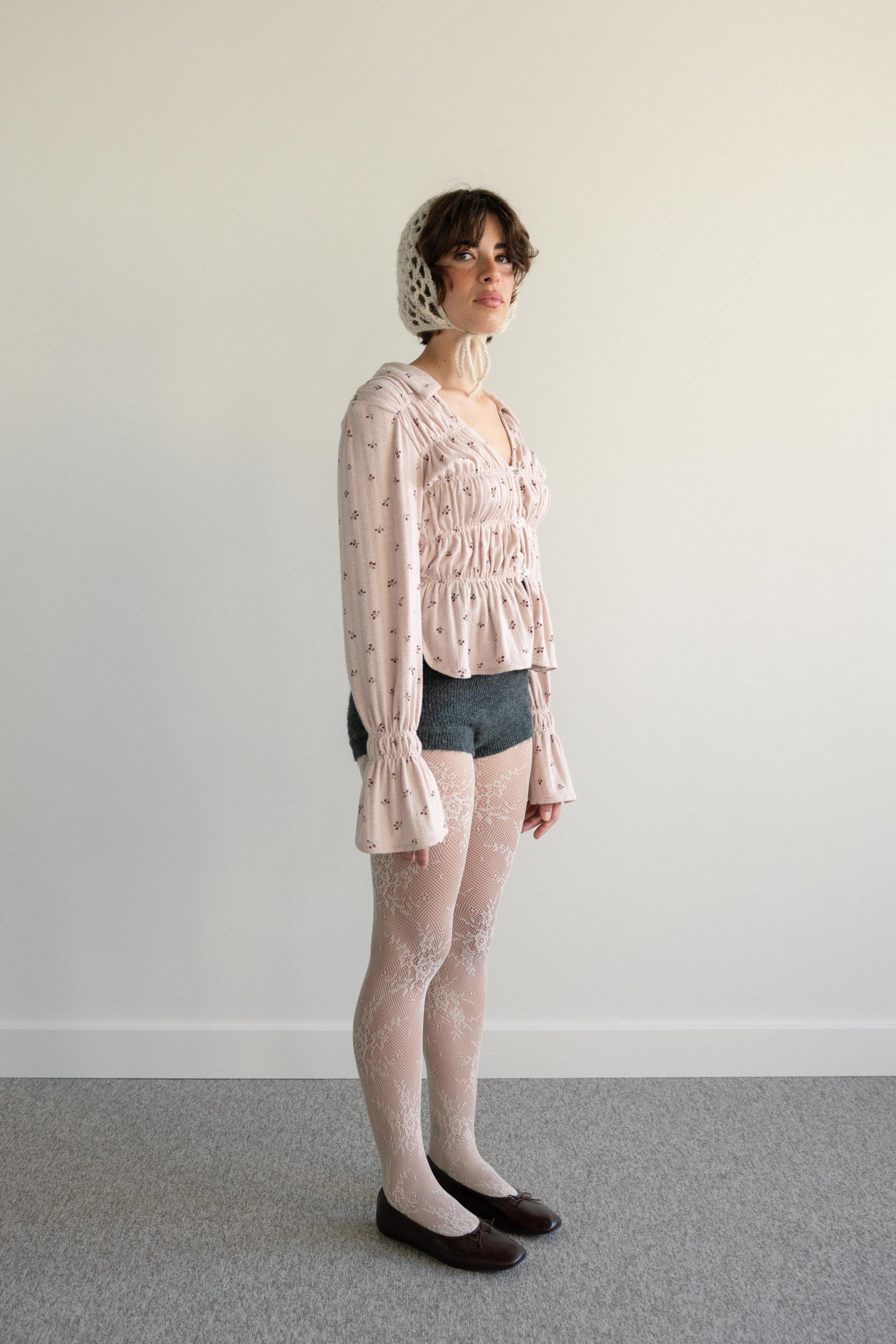 Shirred Shirt with Buttons Pink Knit