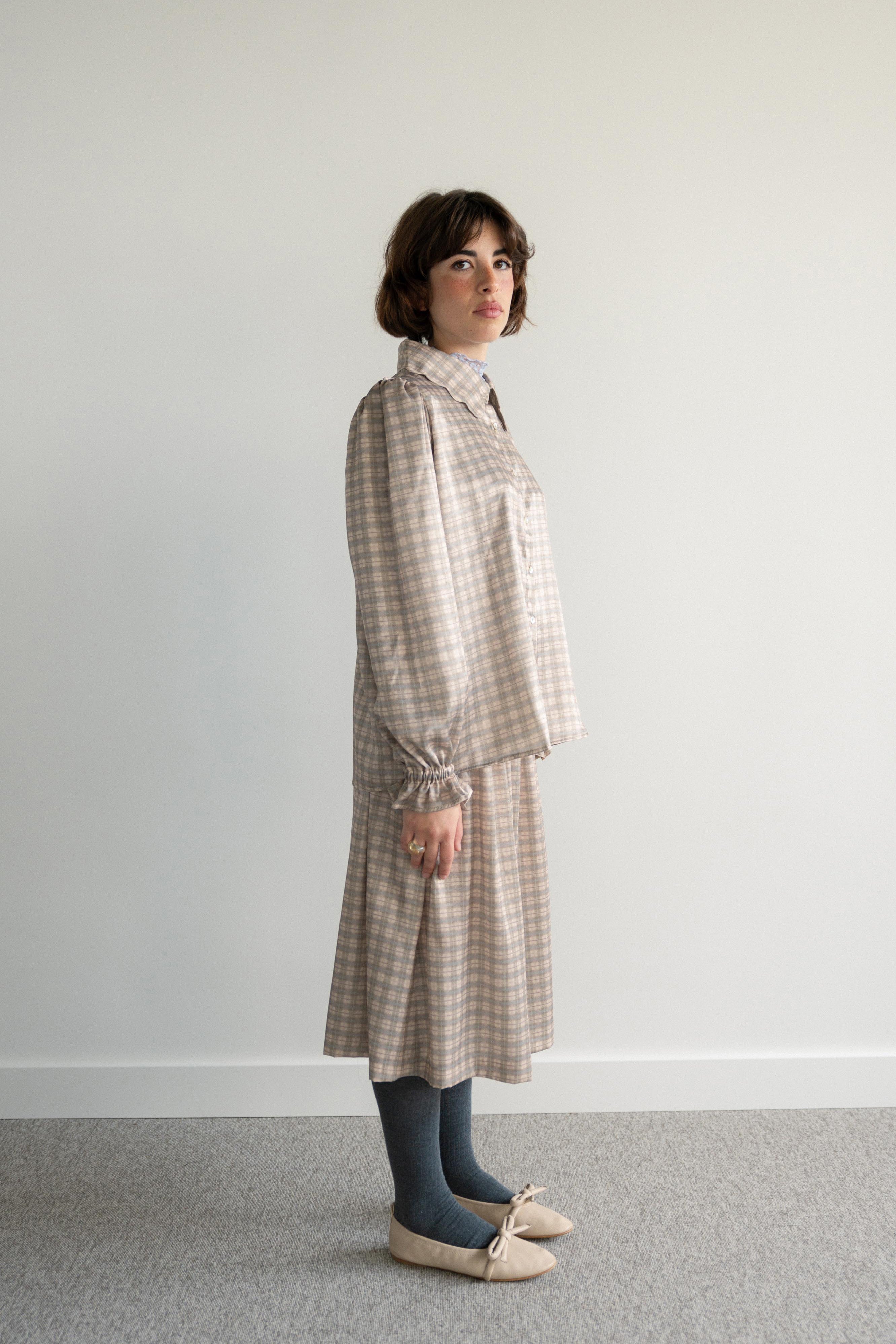 Cutout-Collar Shirt Green and Pink Tartan 