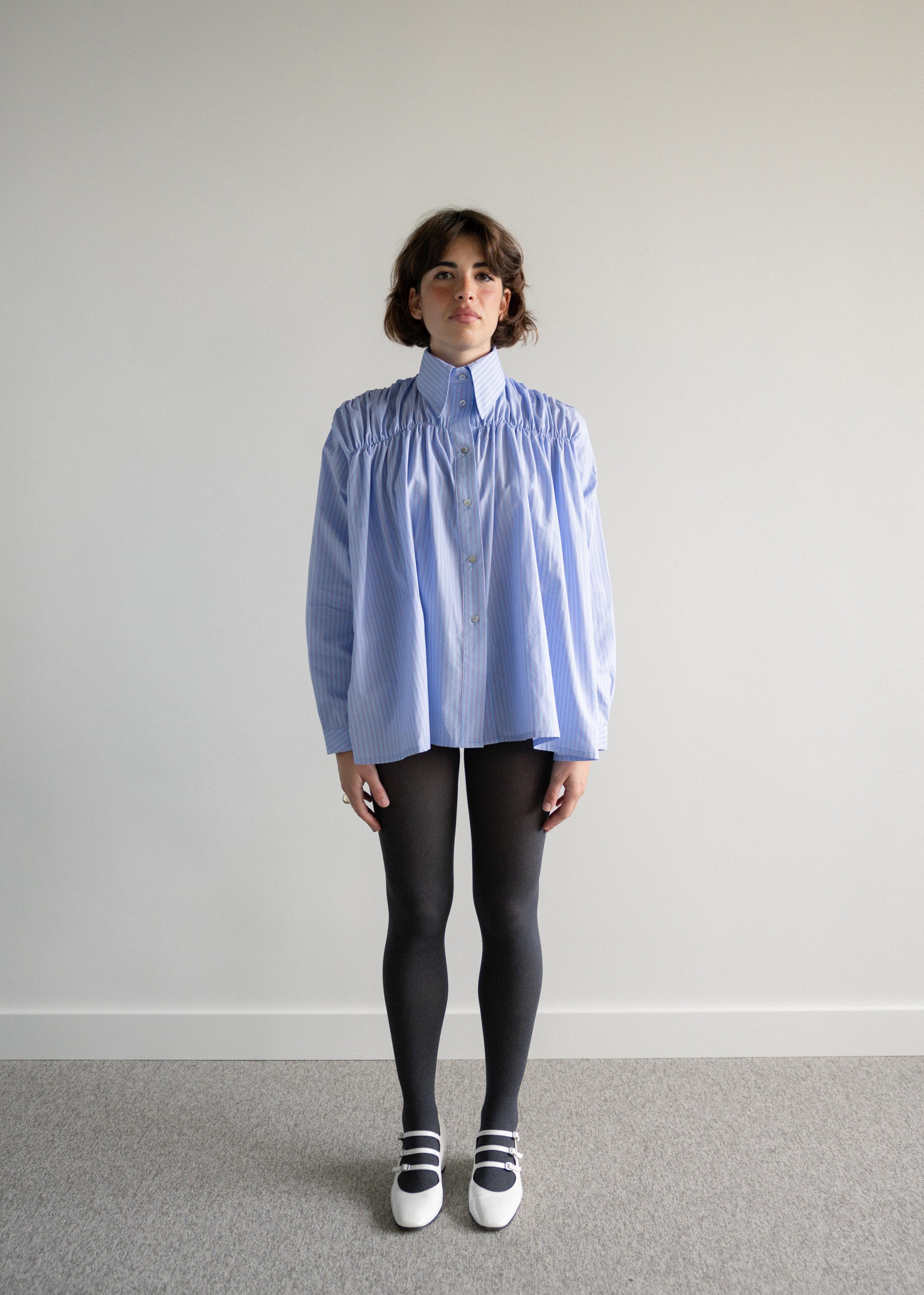 Camisa Franzidos Riscas Azul e Rosa