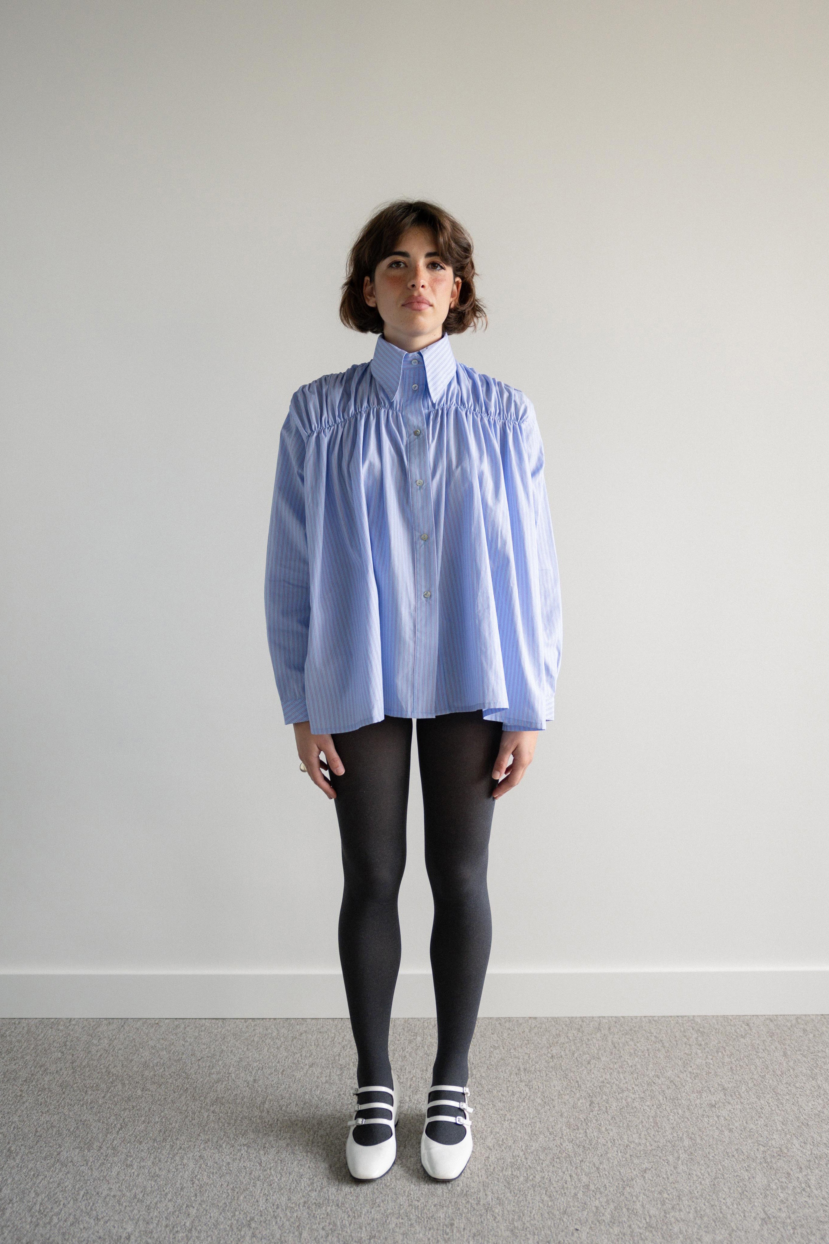 Shirred Shirt Pink and Blue Stripes