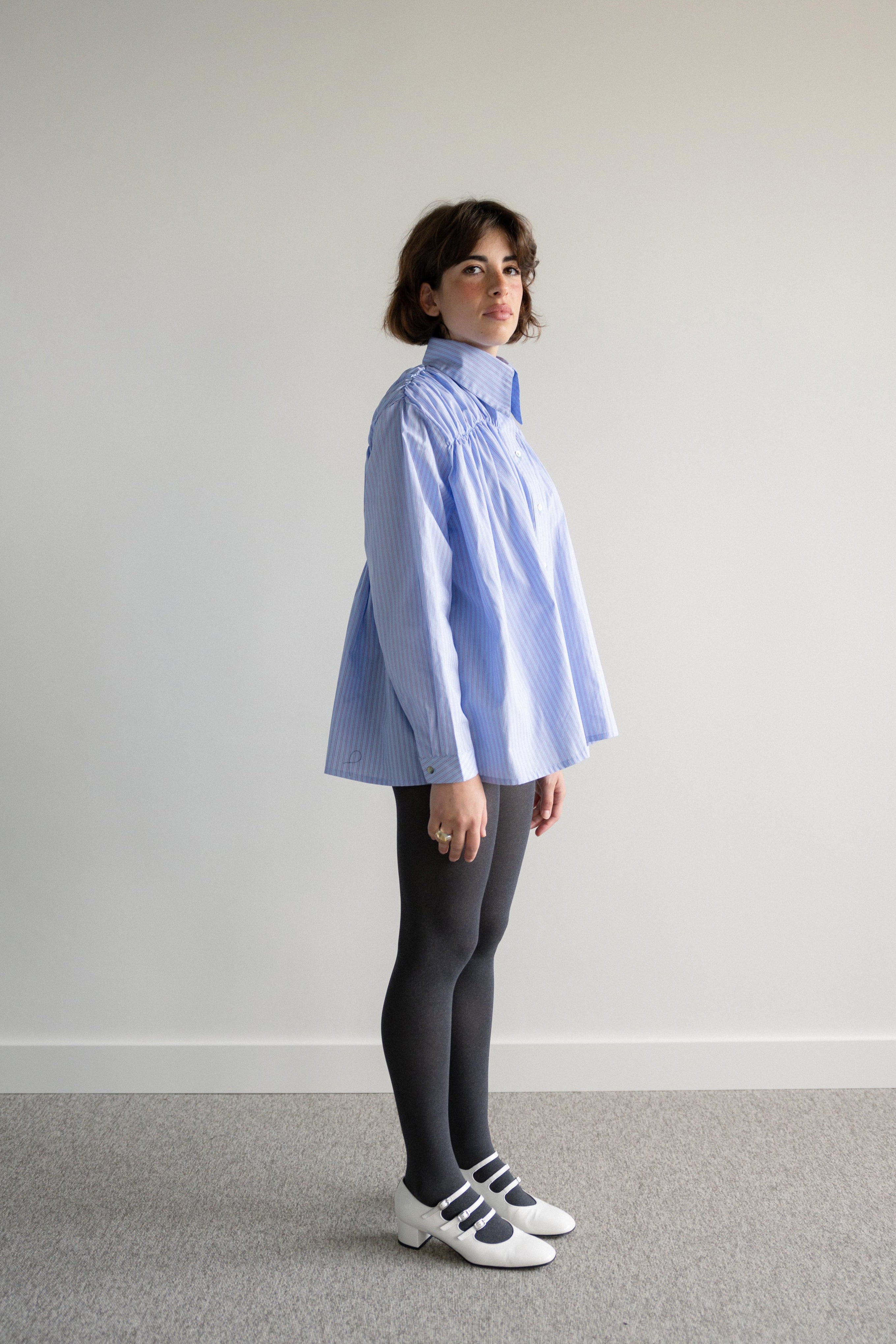 Shirred Shirt Pink and Blue Stripes